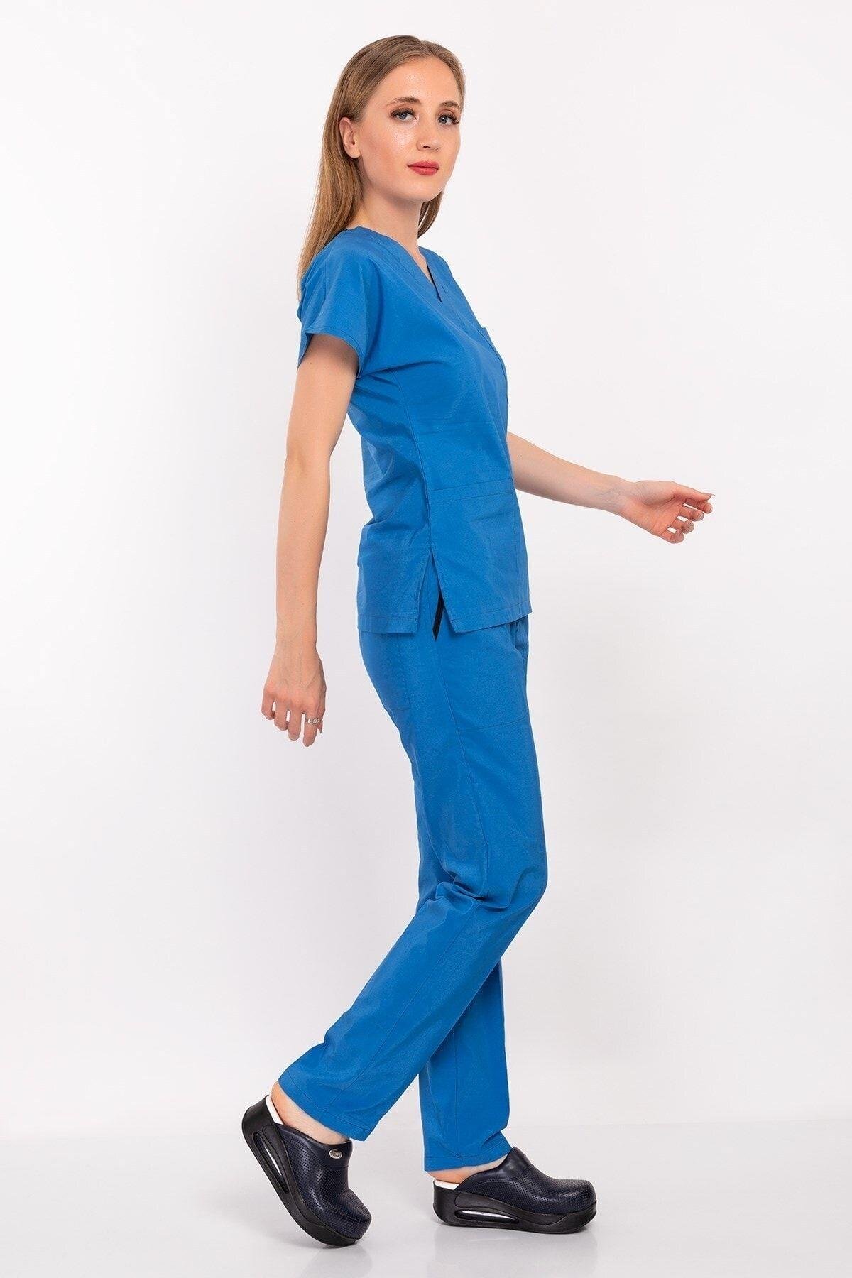 Unisex Kadın Erkek Safir Terikoton Kumaş Doktor Hemşire Cerrahi Hastane Scrubs Üniforma Takımı-Nur Medikal Giyim