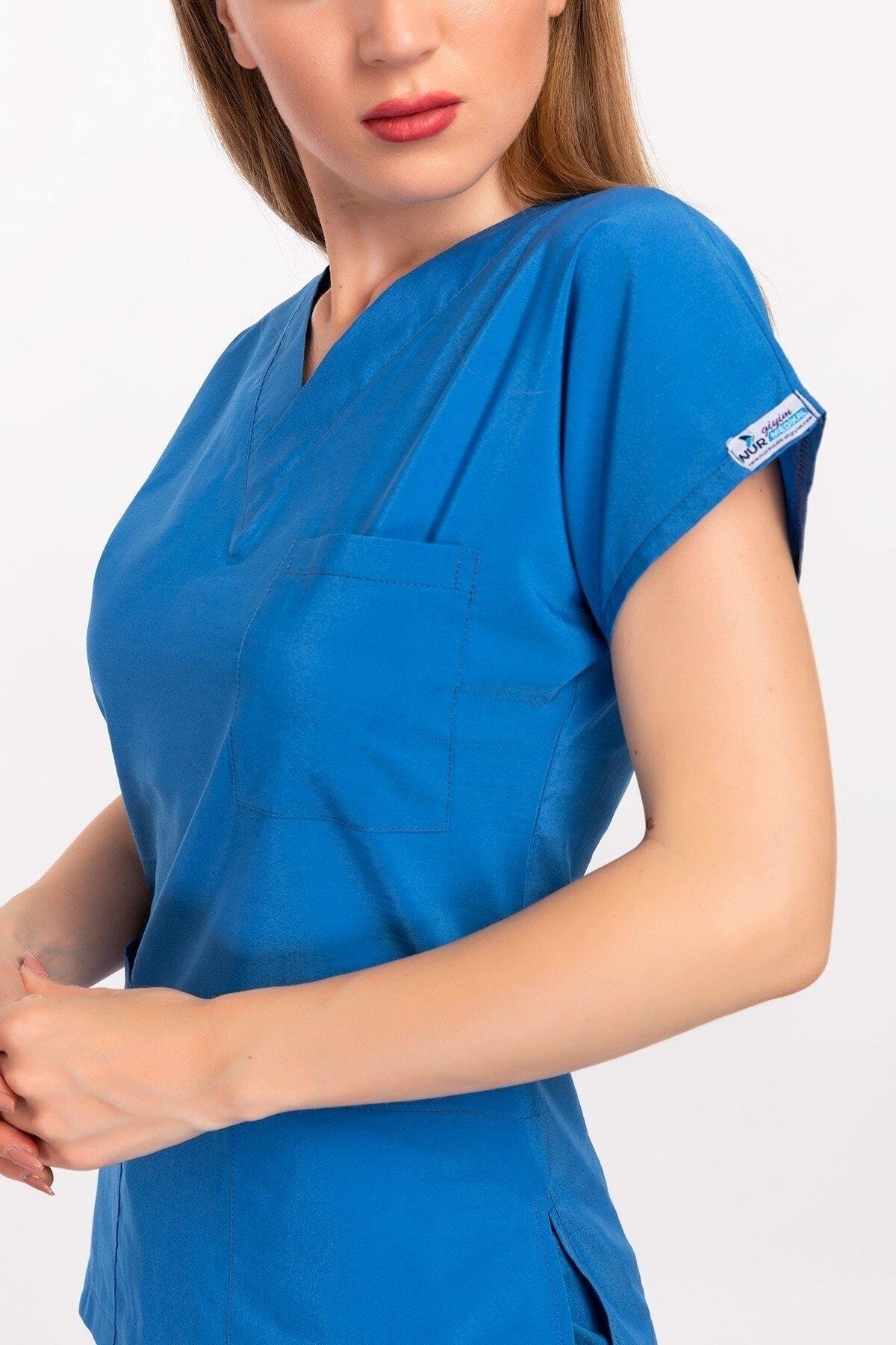 Unisex Kadın Erkek Safir Terikoton Kumaş Doktor Hemşire Cerrahi Hastane Scrubs Üniforma Takımı-Nur Medikal Giyim