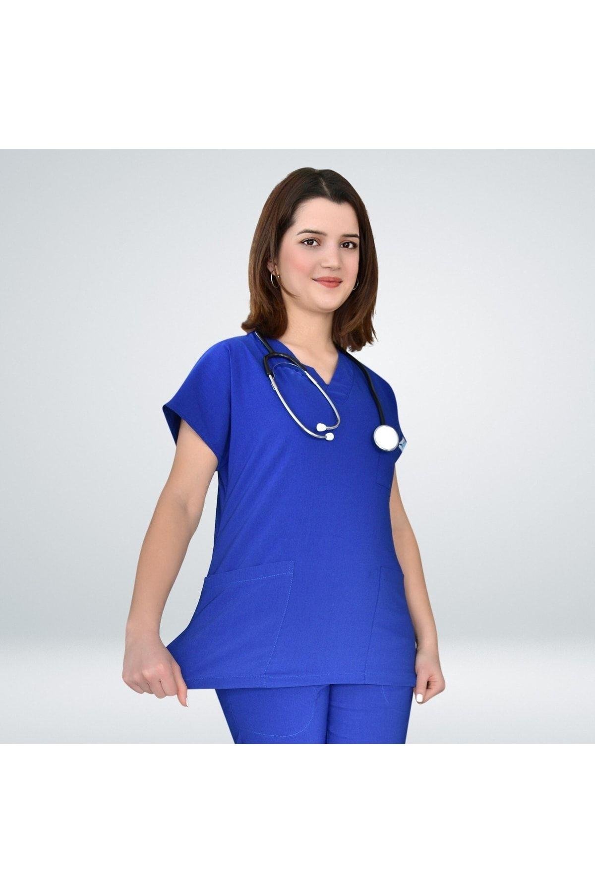 Unisex Kadın Erkek Saks Mavi Soft Likralı Cerrahi Doktor Hemşire Hastane Scrubs Takımı-Nur Medikal Giyim