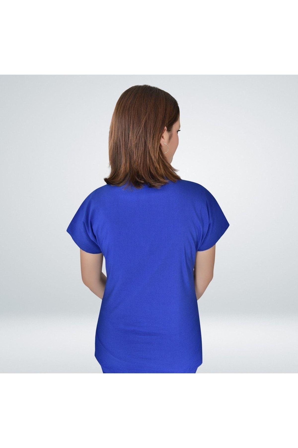 Unisex Kadın Erkek Saks Mavi Soft Likralı Cerrahi Doktor Hemşire Hastane Scrubs Takımı-Nur Medikal Giyim