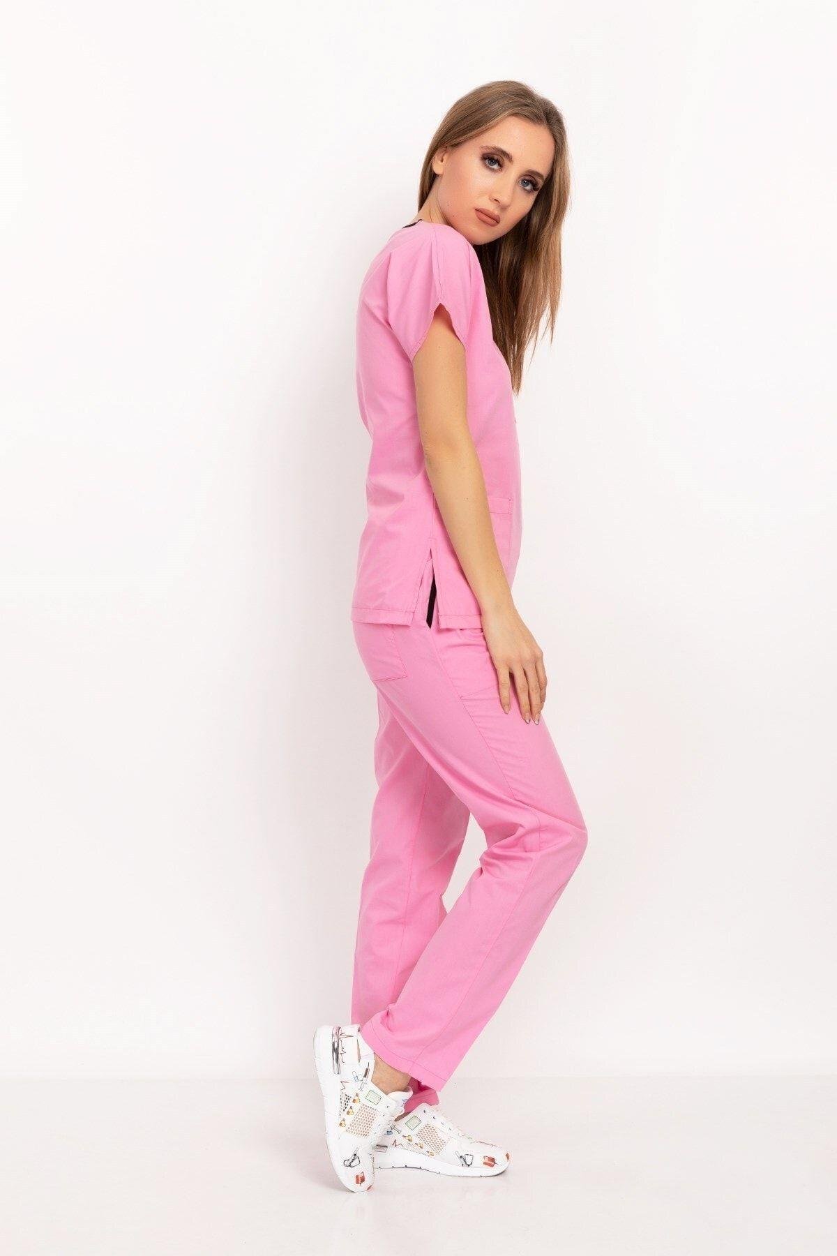 Unisex Kadın Erkek Şeker Pembesi Likralı Doktor Hemşire Hastane Scrubs Üniforma Takımı-Nur Medikal Giyim