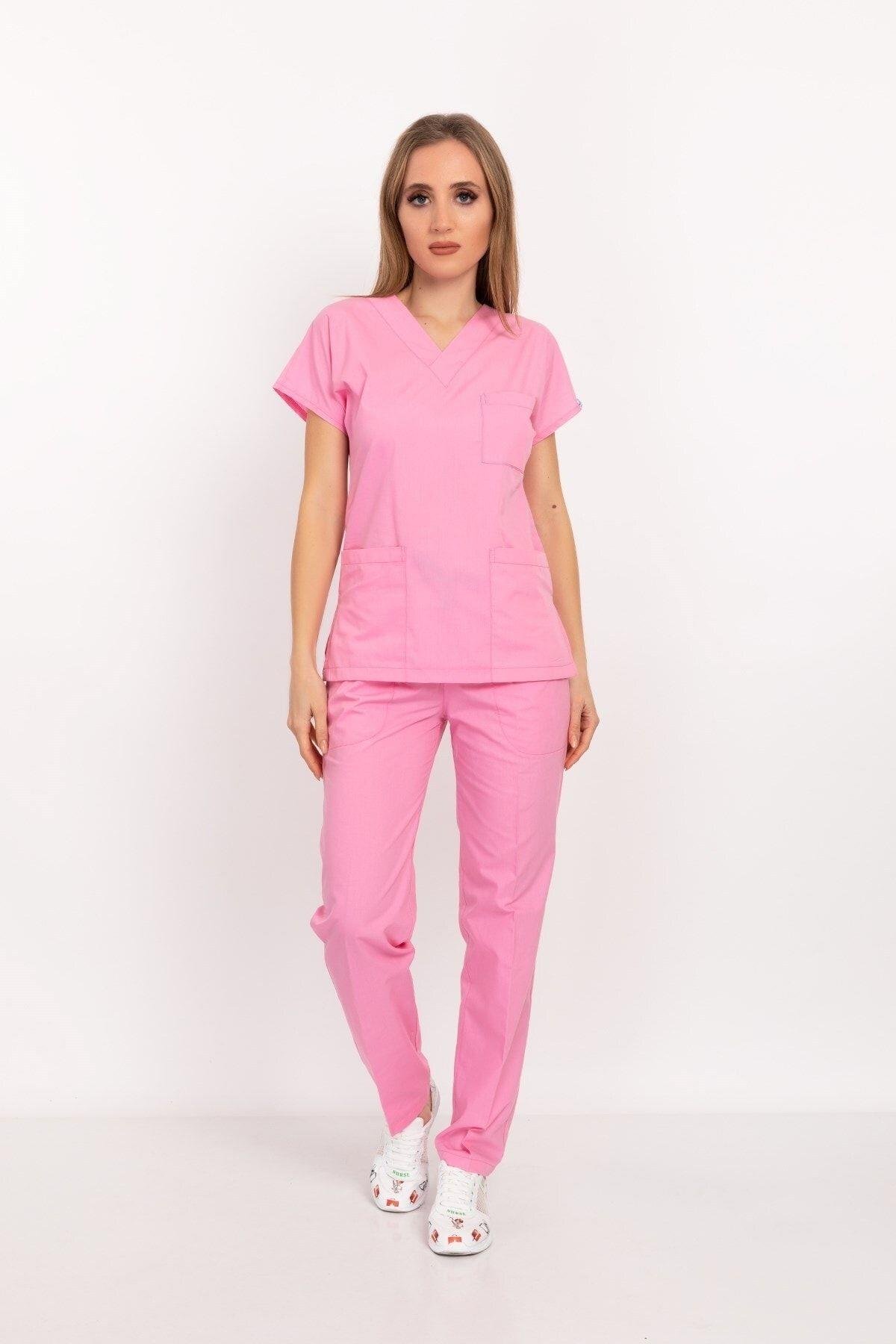 Unisex Kadın Erkek Şeker Pembesi Likralı Doktor Hemşire Hastane Scrubs Üniforma Takımı-Nur Medikal Giyim