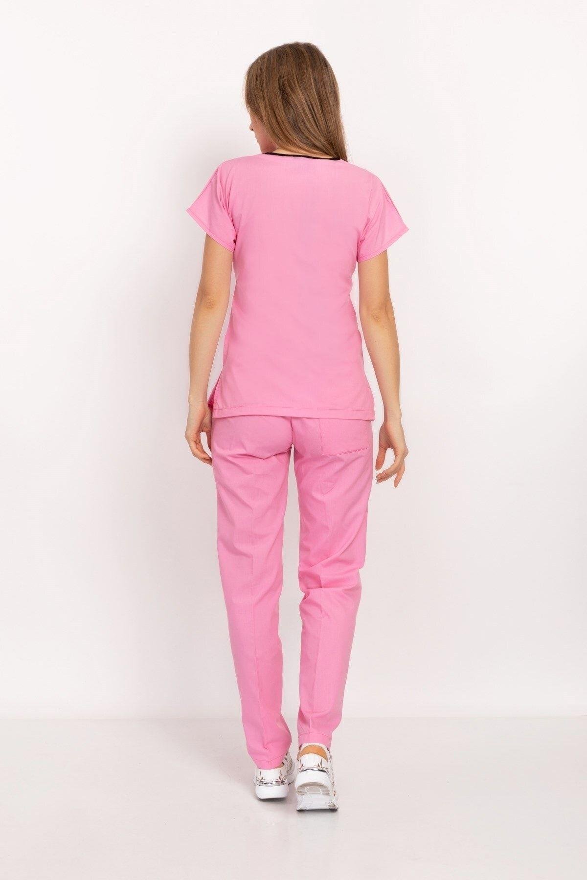 Unisex Kadın Erkek Şeker Pembesi Likralı Doktor Hemşire Hastane Scrubs Üniforma Takımı-Nur Medikal Giyim