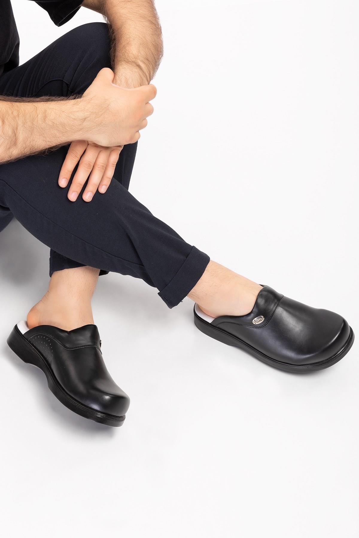 Unisex Kadın Erkek Siyah Deliksiz Klasik Sabo Ortopedik Doktor Hemşire Aşçı Mutfak Terliği-Nur Ortopedi