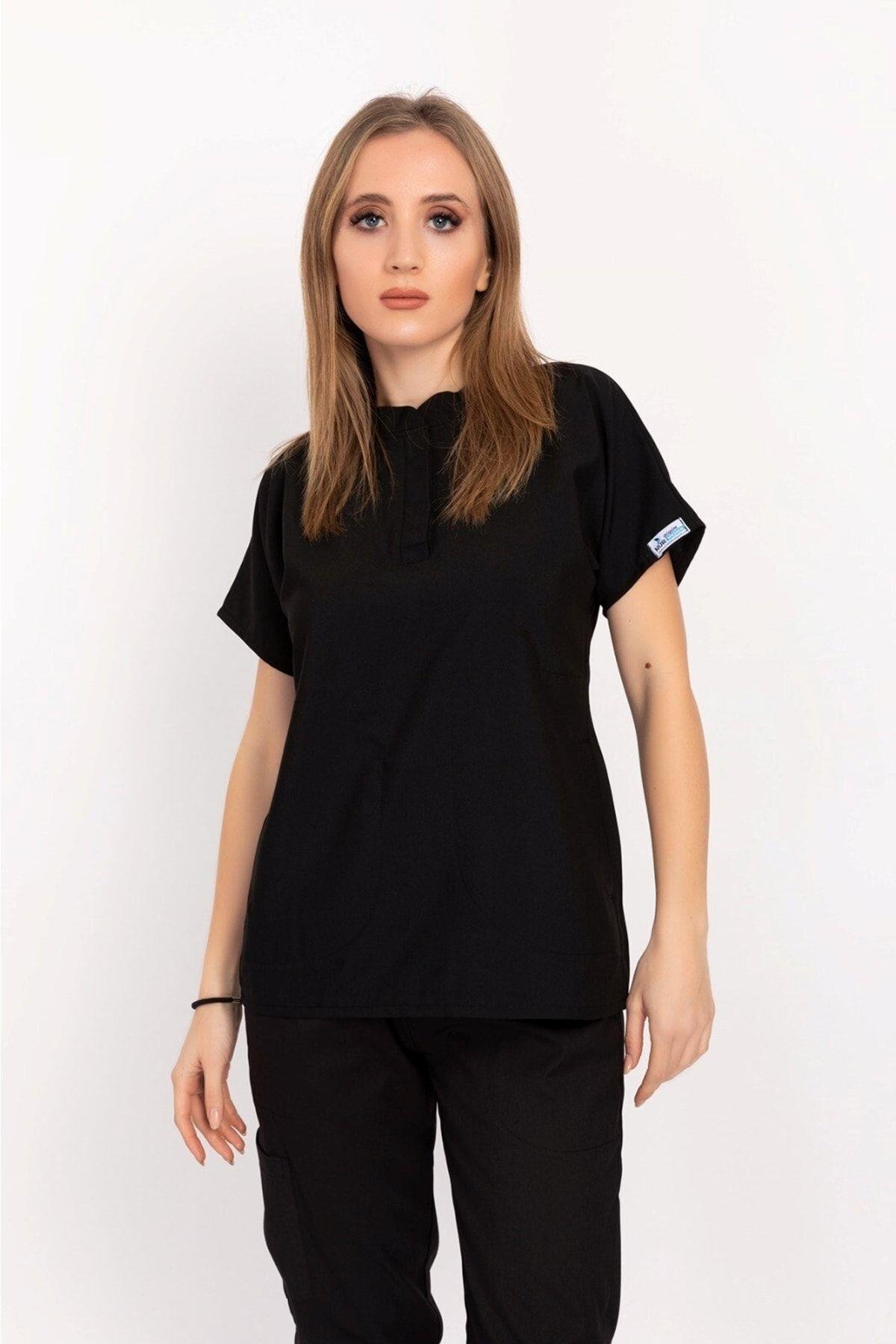 Unisex Kadın Erkek Siyah Renk Çağla Model Elit Likra Hakim Yaka Çıt Çıtlı Doktorüniforma Takım-Nur Medikal Giyim