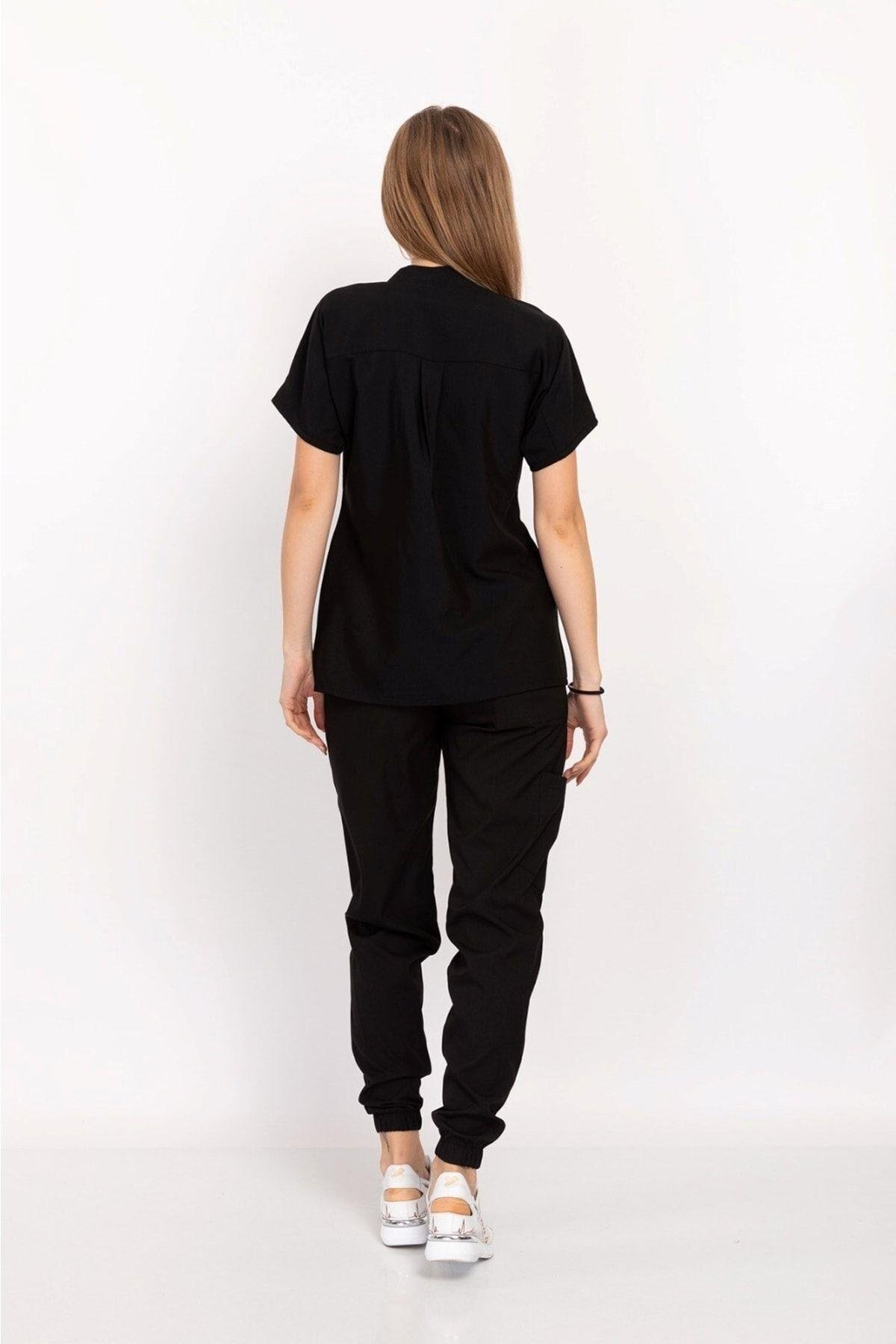 Unisex Kadın Erkek Siyah Renk Çağla Model Elit Likra Hakim Yaka Çıt Çıtlı Doktorüniforma Takım-Nur Medikal Giyim