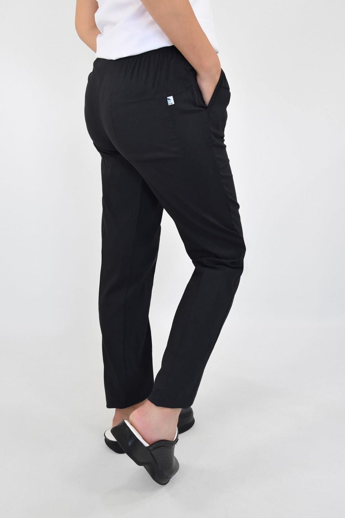 Unisex Kadın Erkek Siyah Soft Saten Likralı Hemşire Doktor Hastane Pantolon-Nur Medikal Giyim