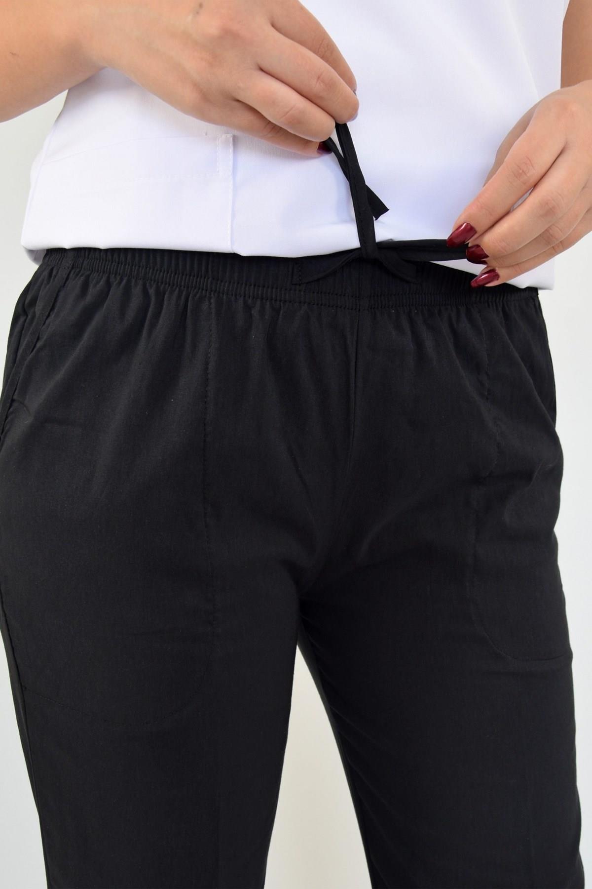 Unisex Kadın Erkek Siyah Soft Saten Likralı Hemşire Doktor Hastane Pantolon-Nur Medikal Giyim