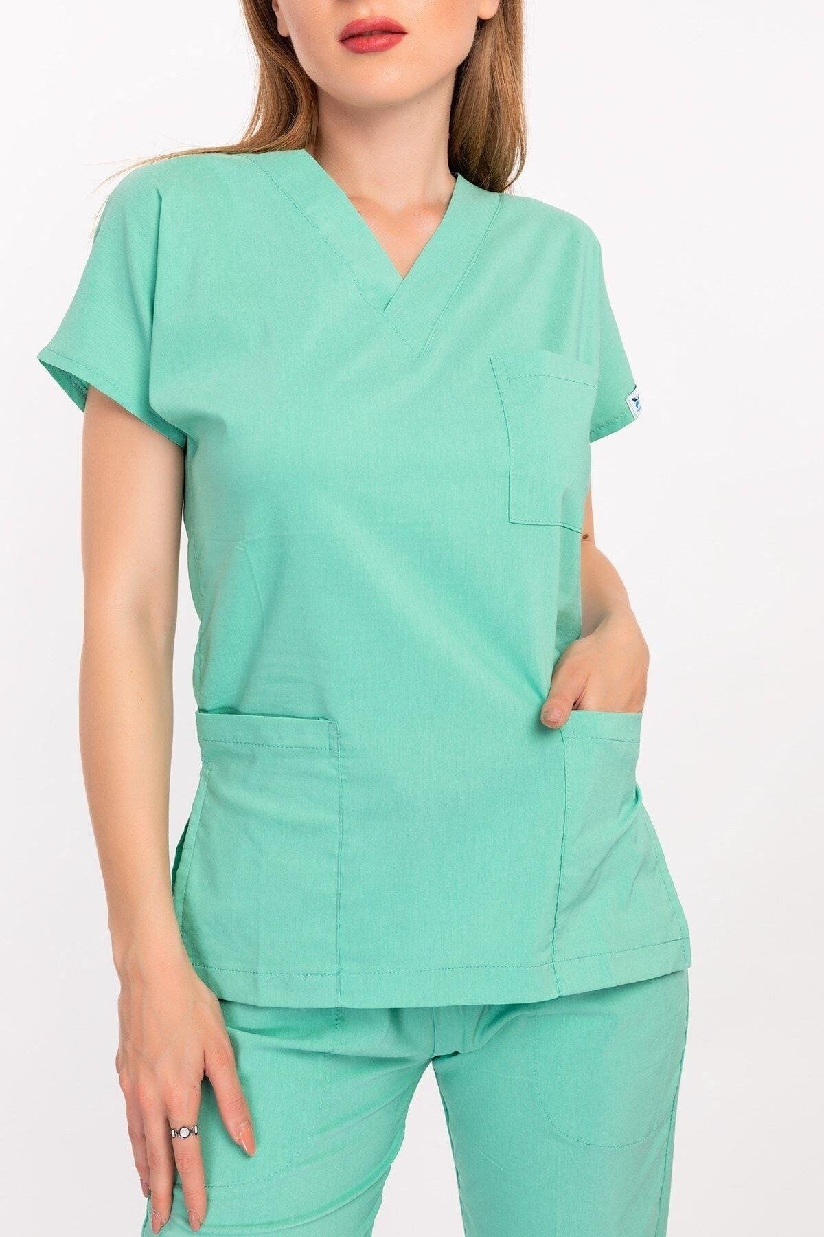 Unisex Kadın Erkek Su Yeşili Likralı Hemşire Doktor Hastane Takım-Nur Medikal Giyim