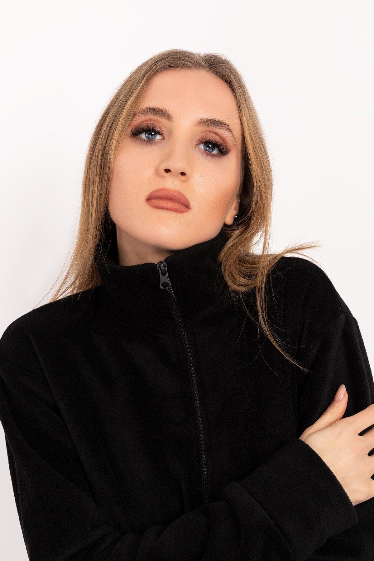 Unisex Kadın Erkek Tek Üst Polar Ceket Siyah Fermuarlı Hemşire Doktor Hastane Poları-Nur Medikal Giyim