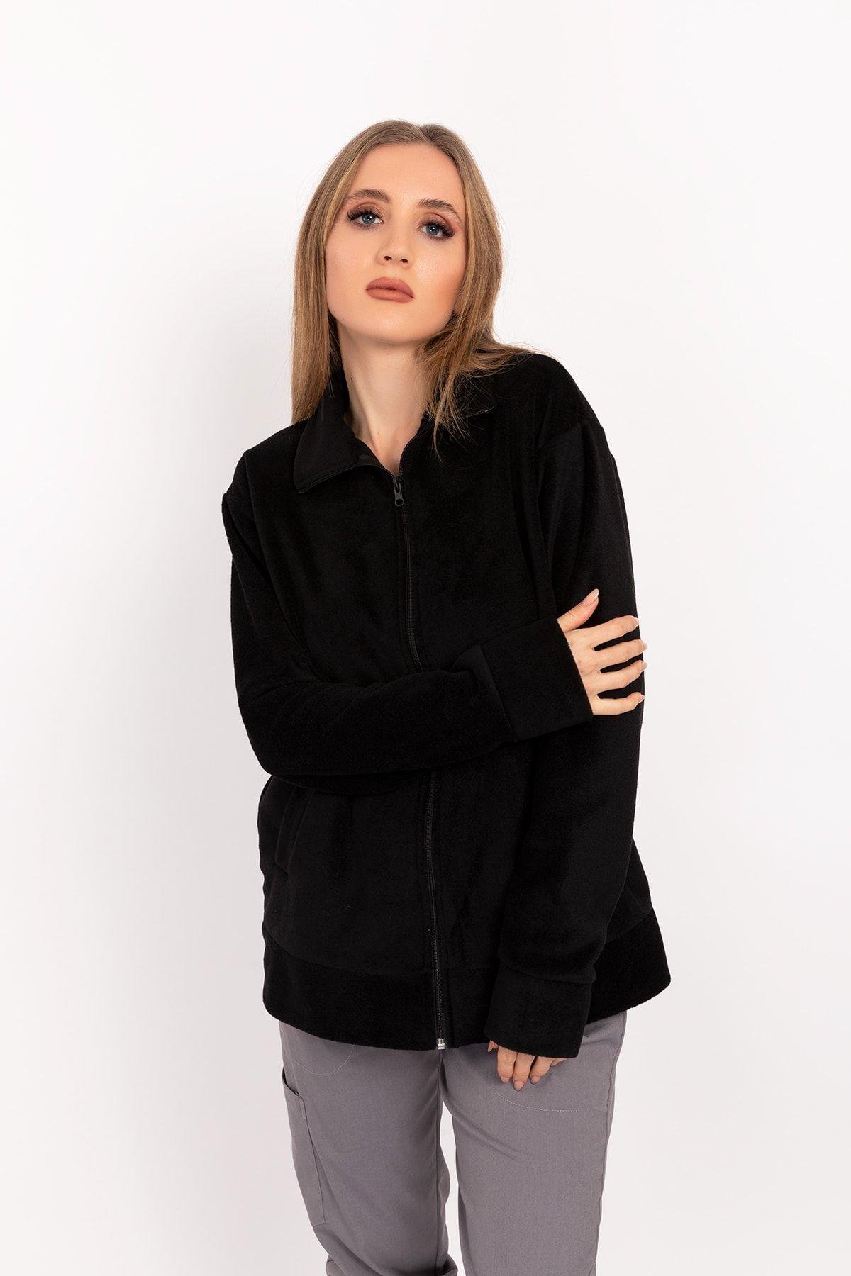 Unisex Kadın Erkek Tek Üst Polar Ceket Siyah Fermuarlı Hemşire Doktor Hastane Poları-Nur Medikal Giyim