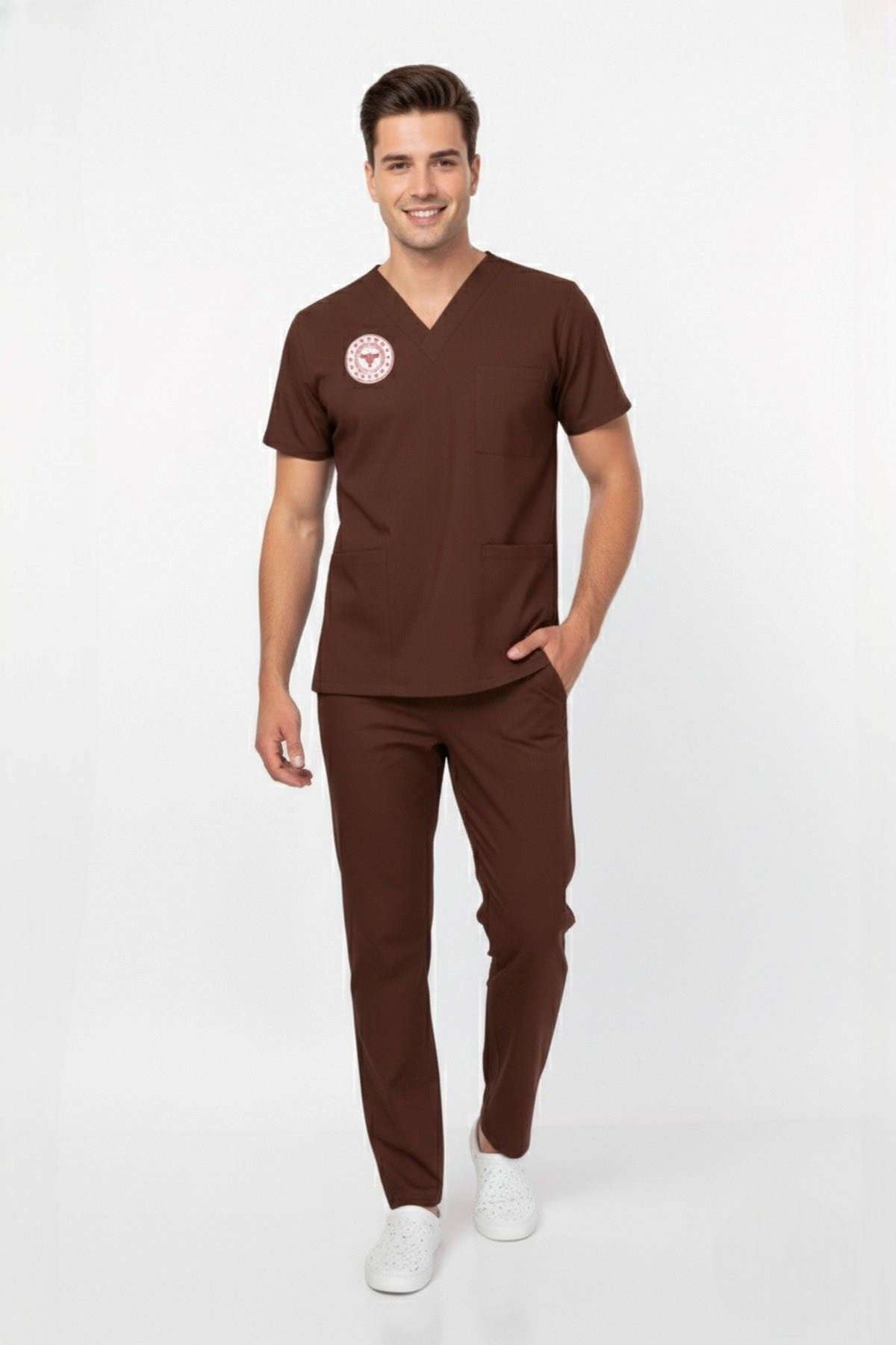 Unisex Kahverengi Psikolog Biyolog Sosyolog Gerontolog Scrubs Üniforma Takım(Sağlık Bak.Yön.Uygun)-Nur Medikal Giyim