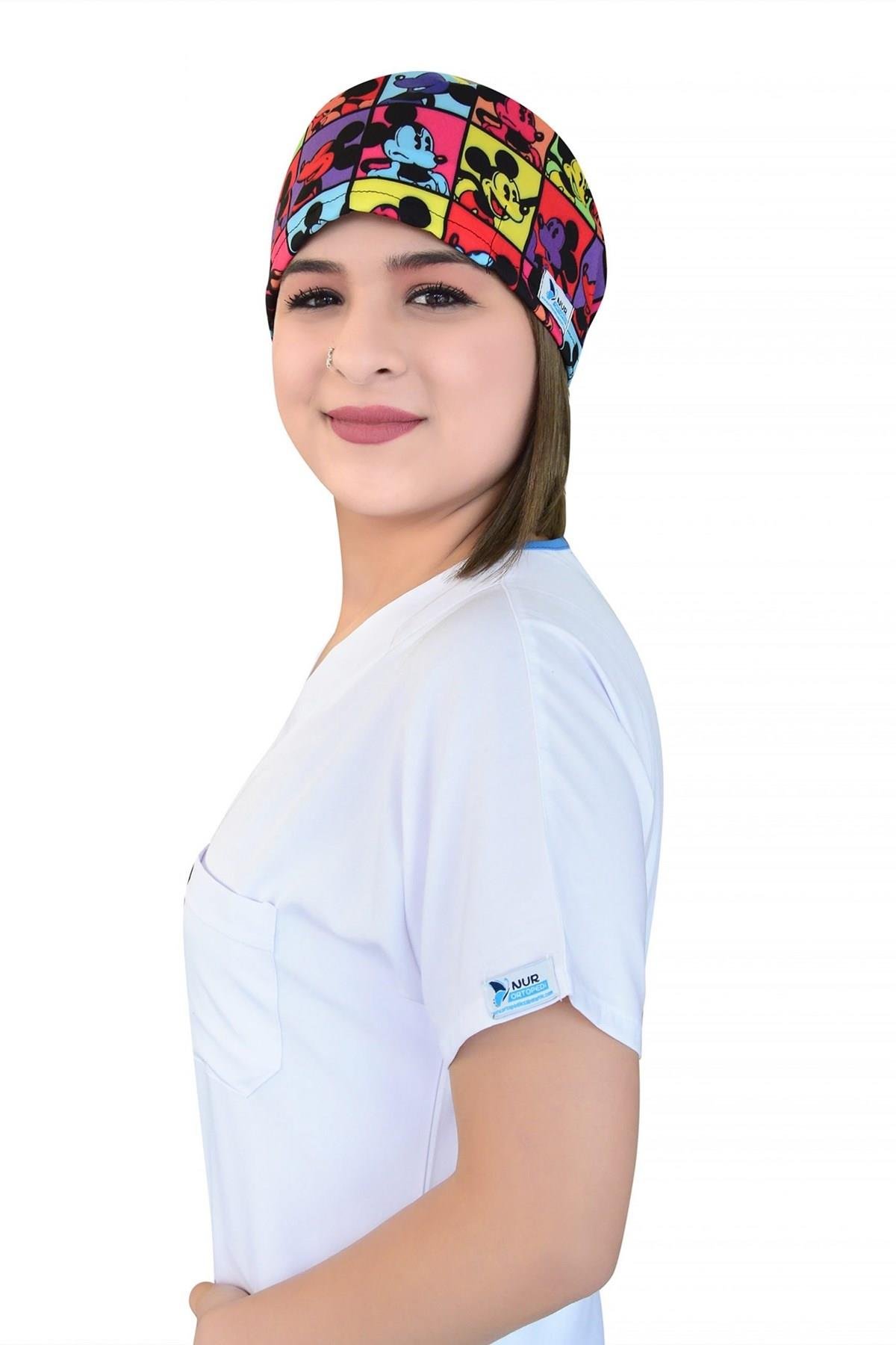 Unisex Kareli Mickey Desenli Cerrahi Bone Doktor Hemşire Saç Bonesi-Nur Medikal Giyim
