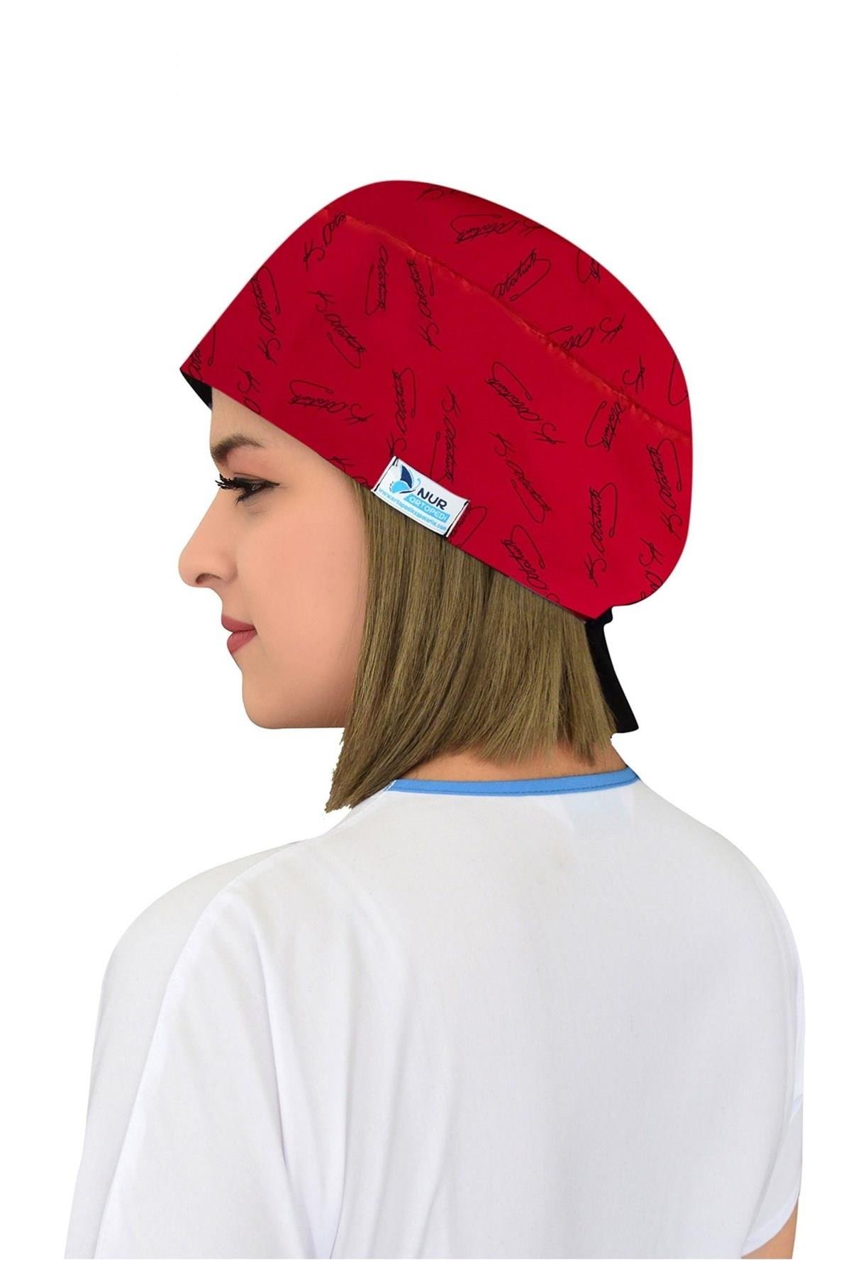 Unisex Kırmızı Atatürk İmza Desenli Cerrahi Bone Doktor Saç Bonesi-Nur Medikal Giyim