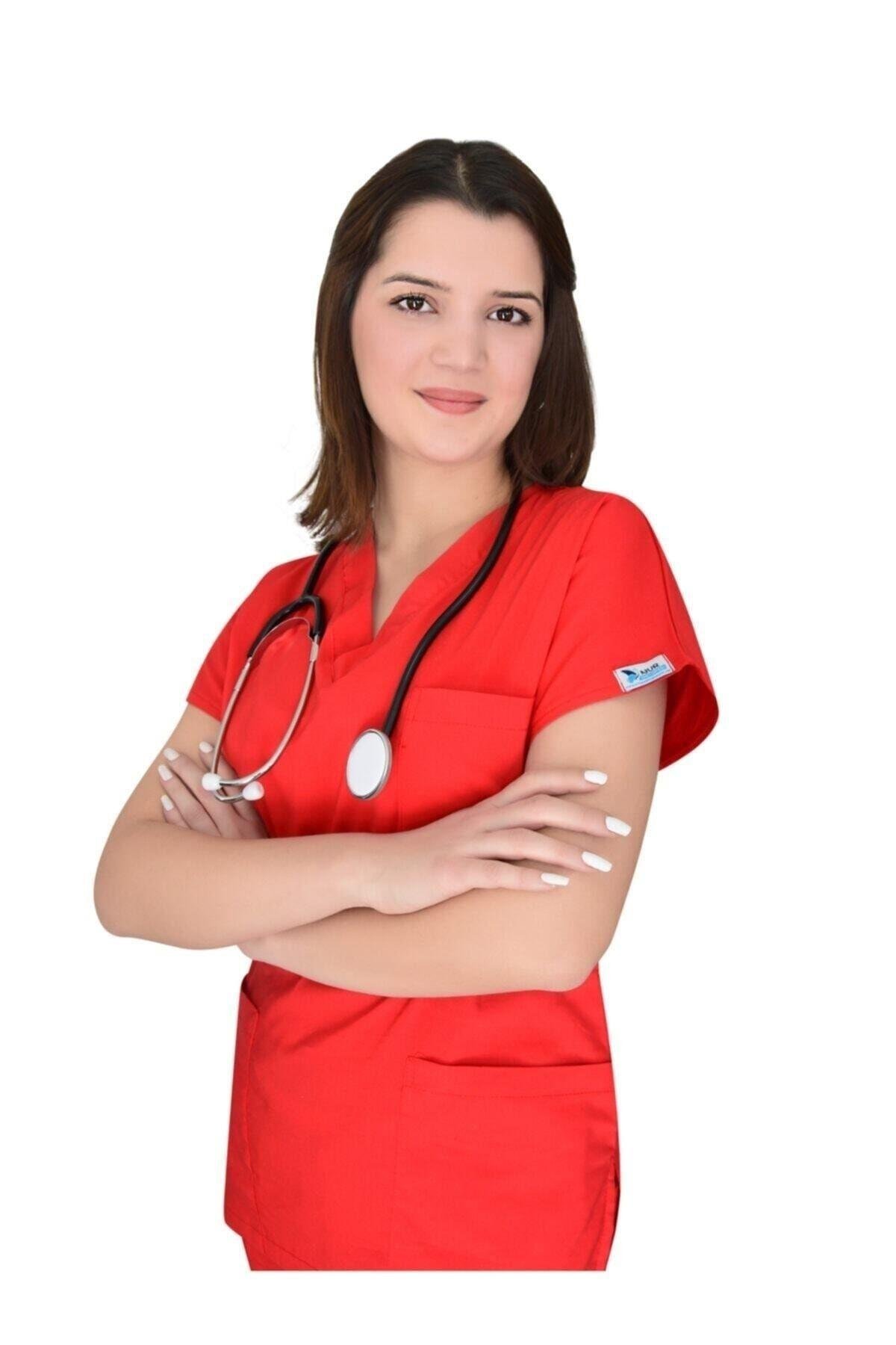 Unisex Kırmızı Likralı Alt Üst Forma Takım Scrubs-Nur Medikal Giyim