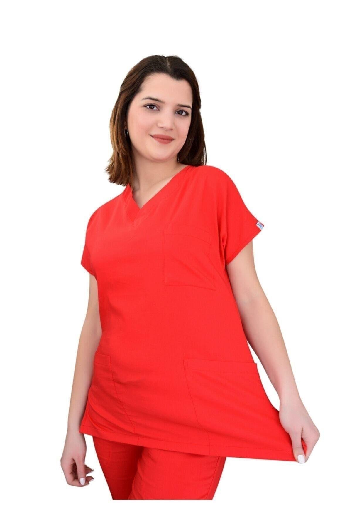 Unisex Kırmızı Likralı Alt Üst Forma Takım Scrubs-Nur Medikal Giyim