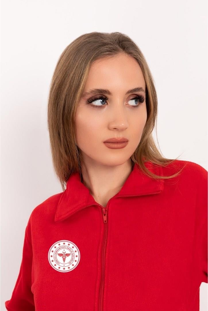 Unisex Kırmızı Renk Sağlık Bakanlığı Logolu Fermuarlı Polar-Nur Medikal Giyim