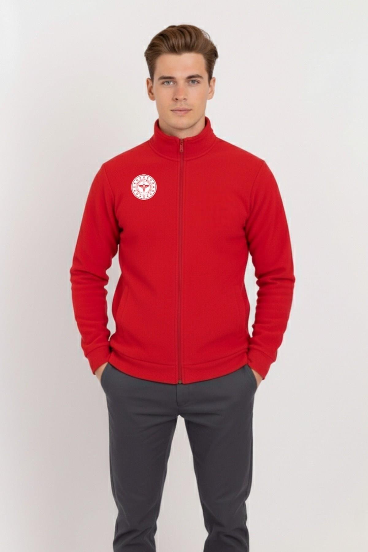 Unisex Kırmızı Renk Sağlık Bakanlığı Logolu Fermuarlı Polar-Nur Medikal Giyim