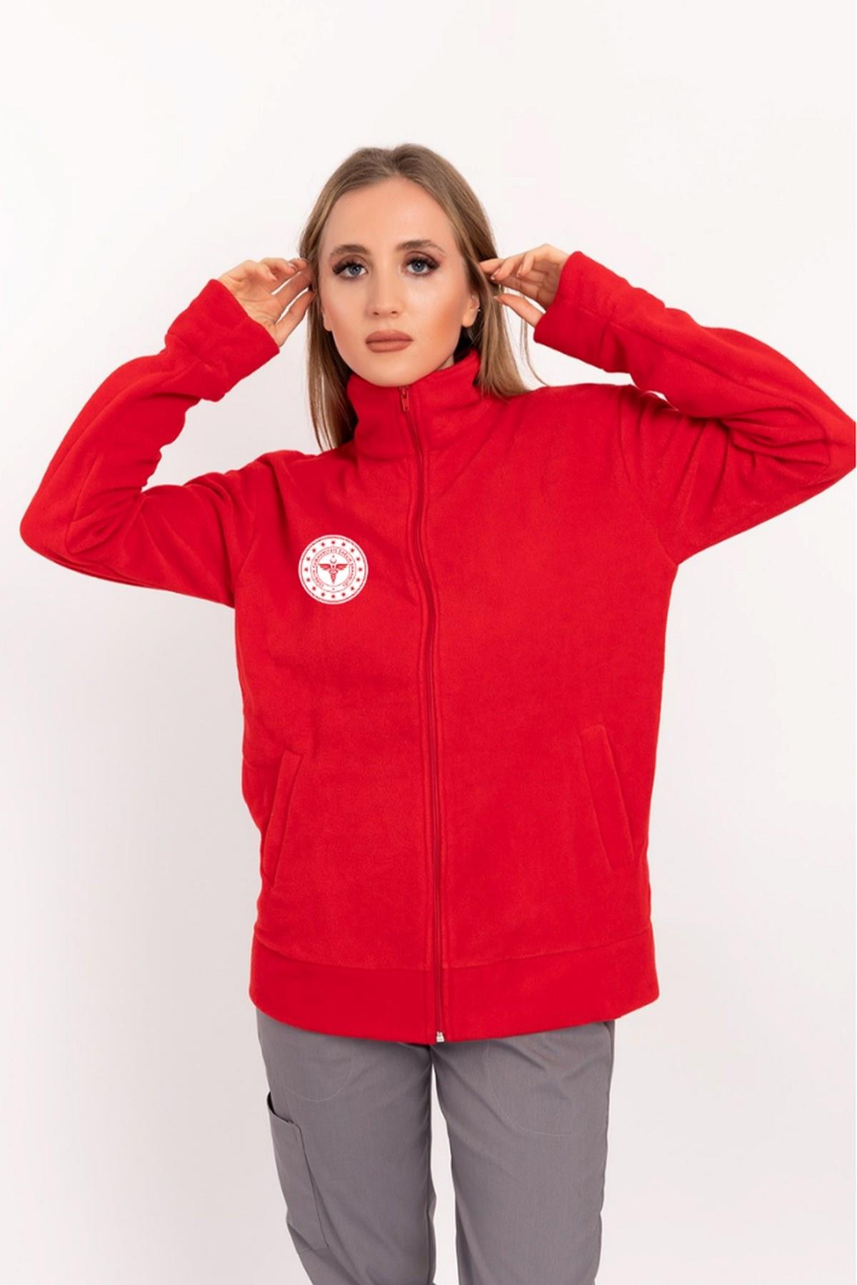 Unisex Kırmızı Renk Sağlık Bakanlığı Logolu Fermuarlı Polar-Nur Medikal Giyim