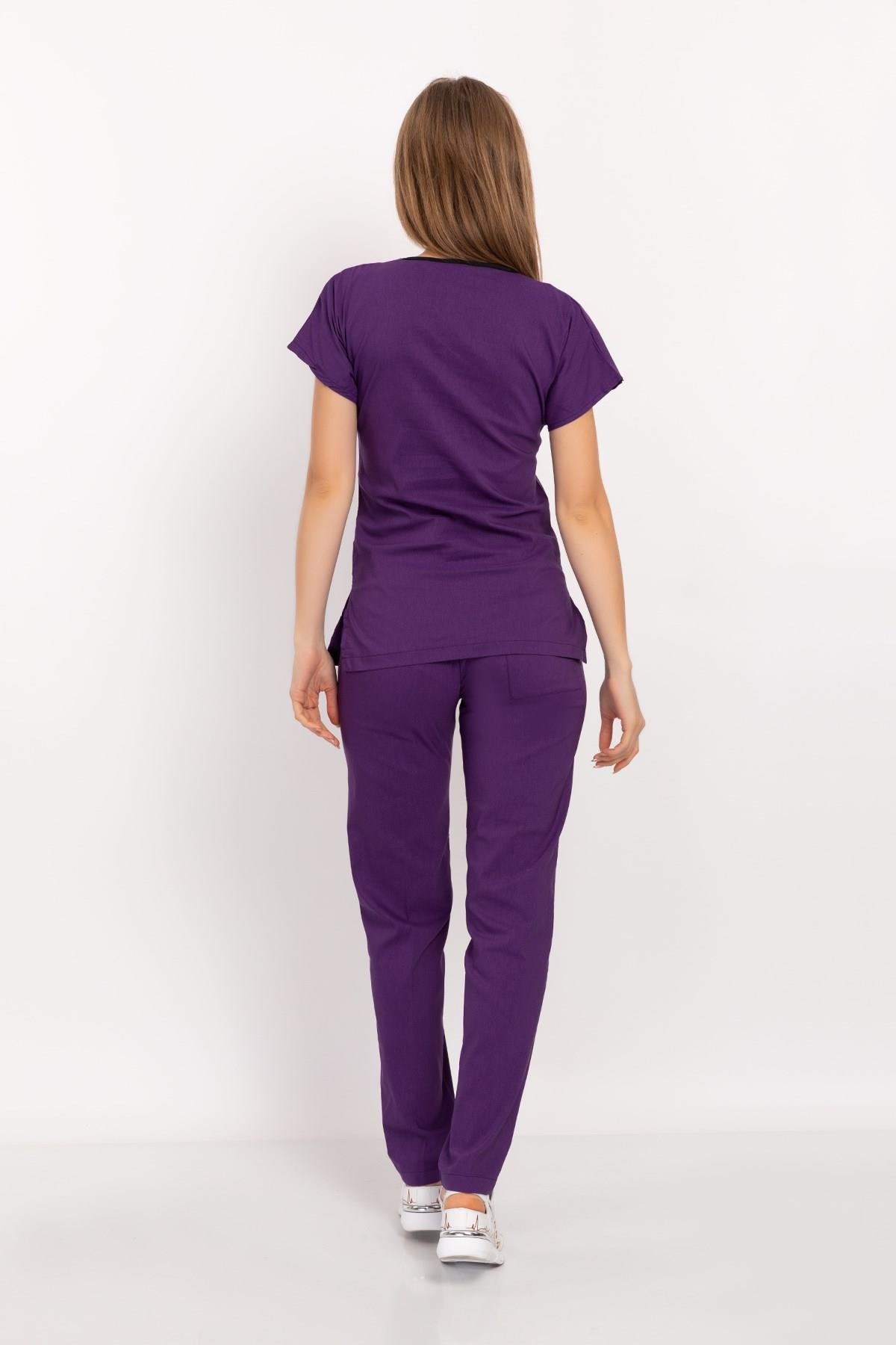 Unisex Koyu Mor Terikoton Doktor Hemşire Üniforma Takım Scrubs-Nur Medikal Giyim