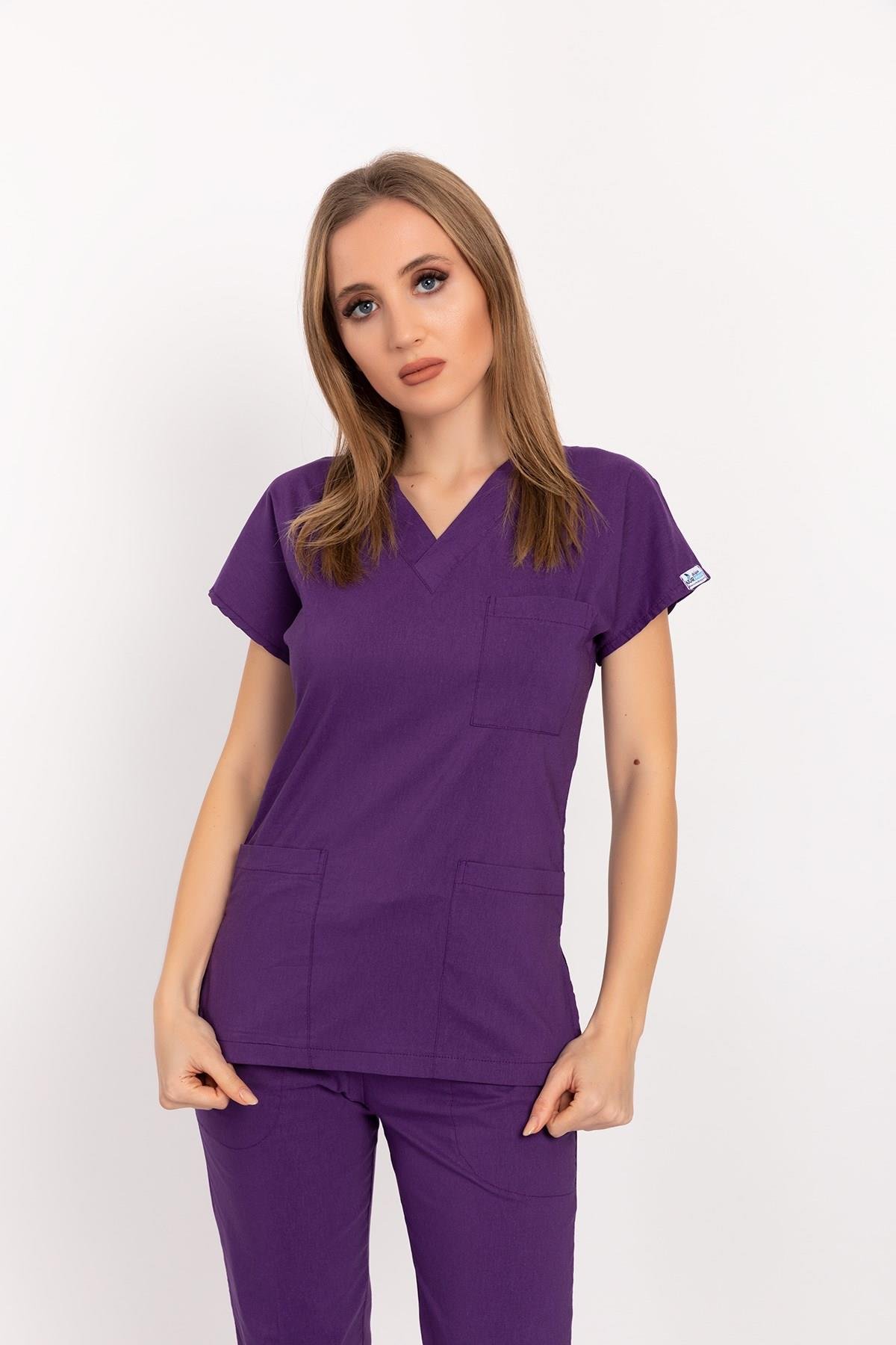 Unisex Koyu Mor Terikoton Doktor Hemşire Üniforma Takım Scrubs-Nur Medikal Giyim