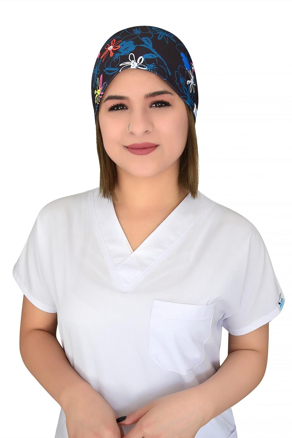 Unisex Lacivert Çiçekli Desenli Cerrahi Bone Doktor Hemşire Saç Bone-Nur Medikal Giyim