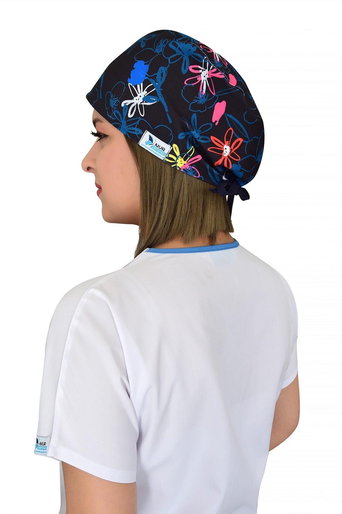 Unisex Lacivert Çiçekli Desenli Cerrahi Bone Doktor Hemşire Saç Bone-Nur Medikal Giyim