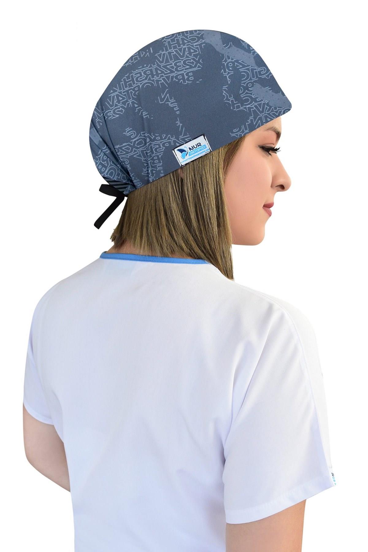 Unisex Lacivert Harita Desenli Cerrahi Bone Doktor Hemşire Saç Bonesi-Nur Medikal Giyim