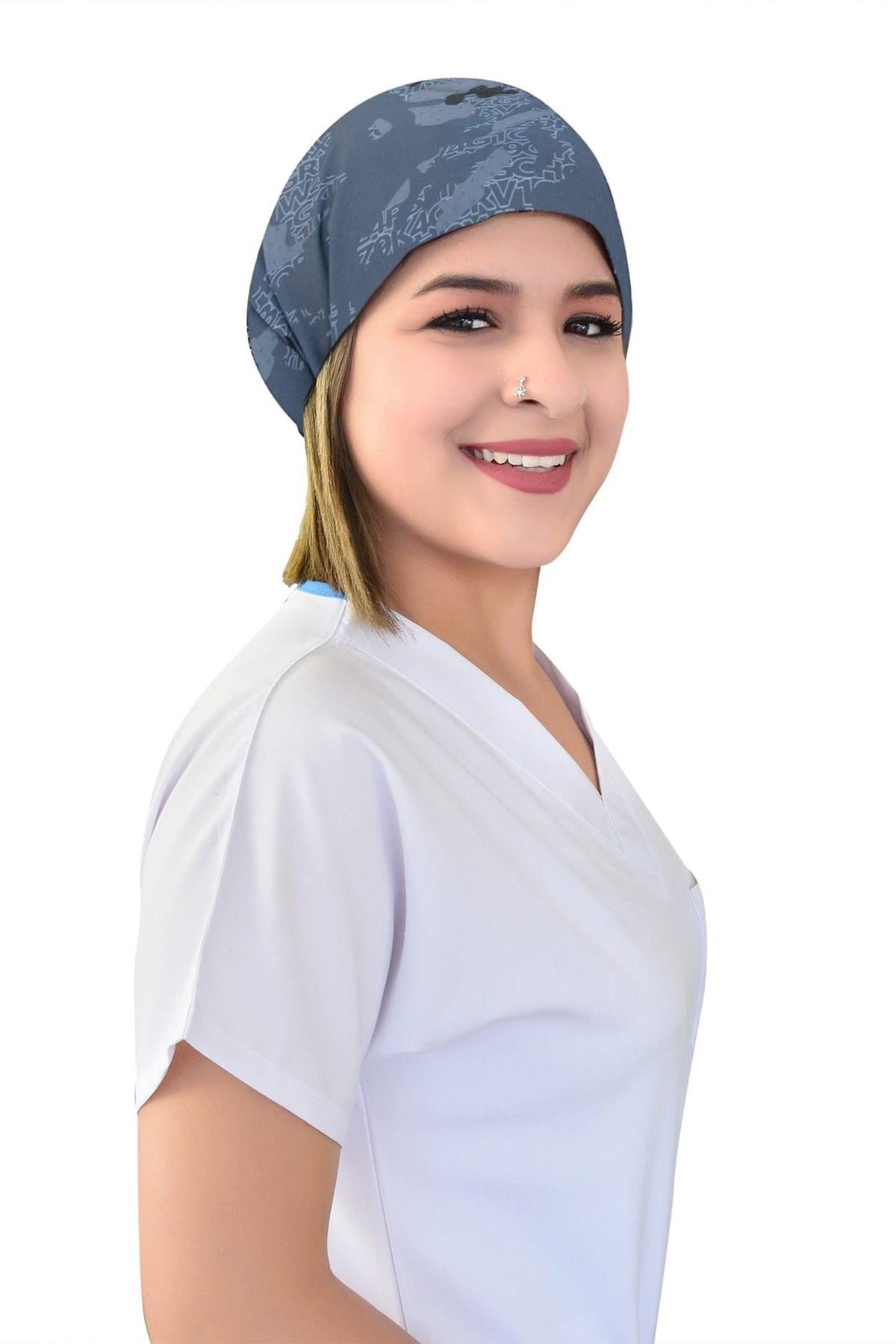 Unisex Lacivert Harita Desenli Cerrahi Bone Doktor Hemşire Saç Bonesi-Nur Medikal Giyim