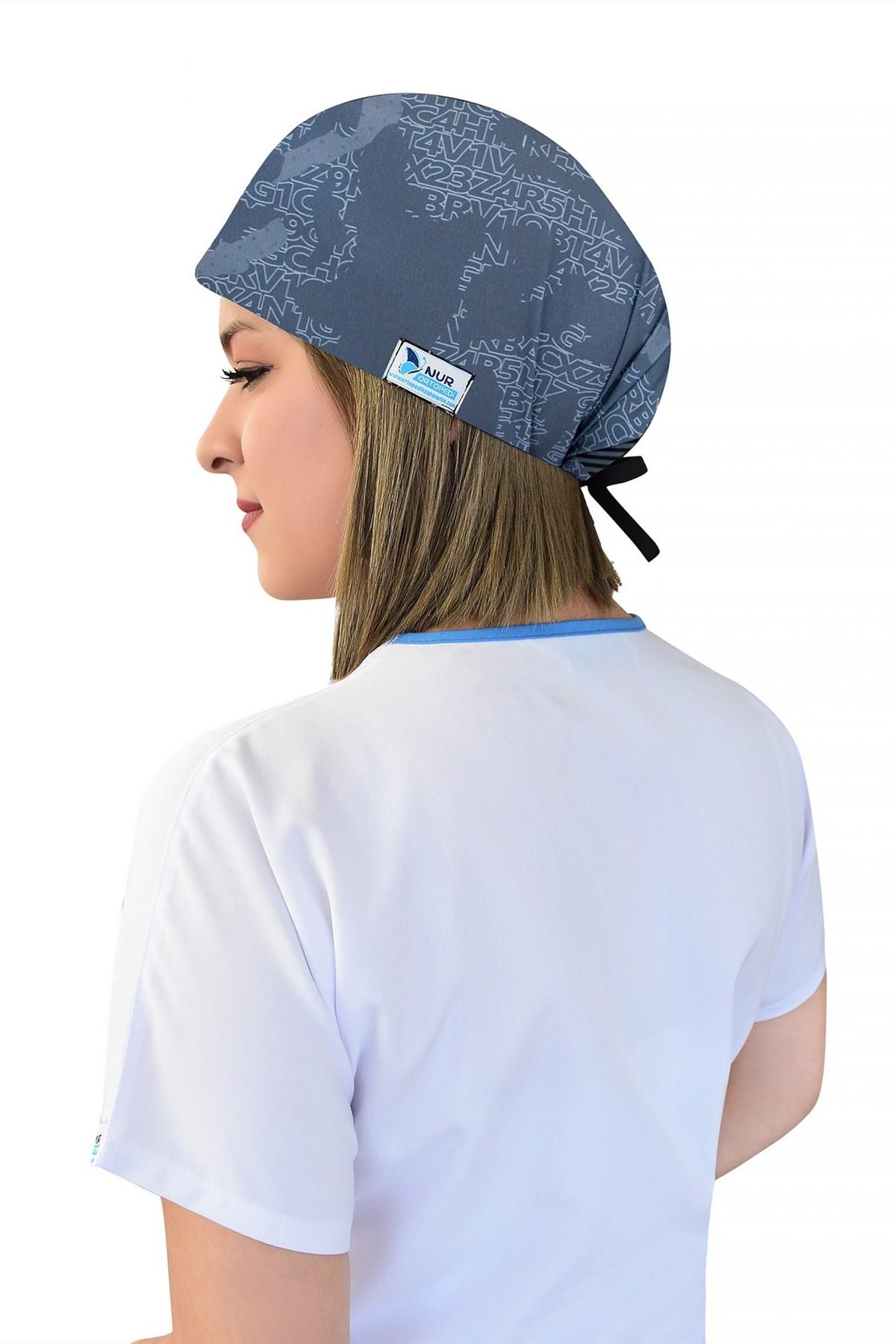 Unisex Lacivert Harita Desenli Cerrahi Bone Doktor Hemşire Saç Bonesi-Nur Medikal Giyim