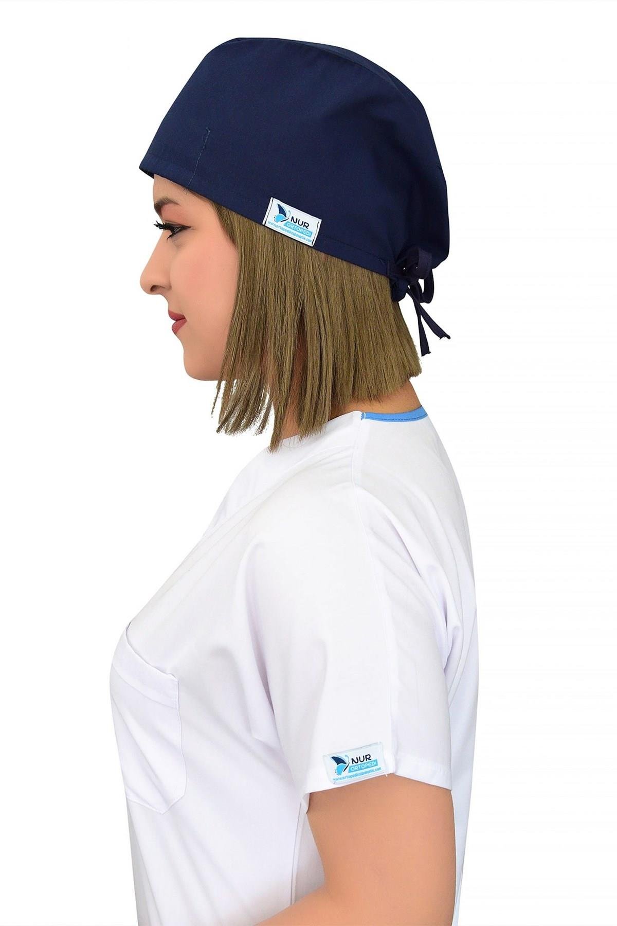 Unisex Lacivert Kalp Ritim Nakışlı Cerrahi Bone Hemşire Saç Bonesi-Nur Medikal Giyim