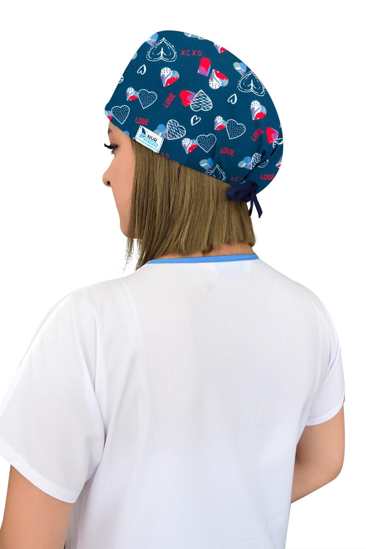 Unisex Lacivert Love Desenli Cerrahi Bone Doktor Hemşire Saç Bone-Nur Medikal Giyim