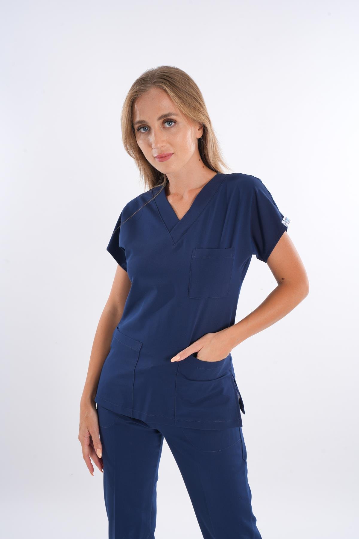 Unisex Lacivert Terikoton Hemşire Doktor Cerrahi Üniforma Takım Scrubs-Nur Medikal Giyim