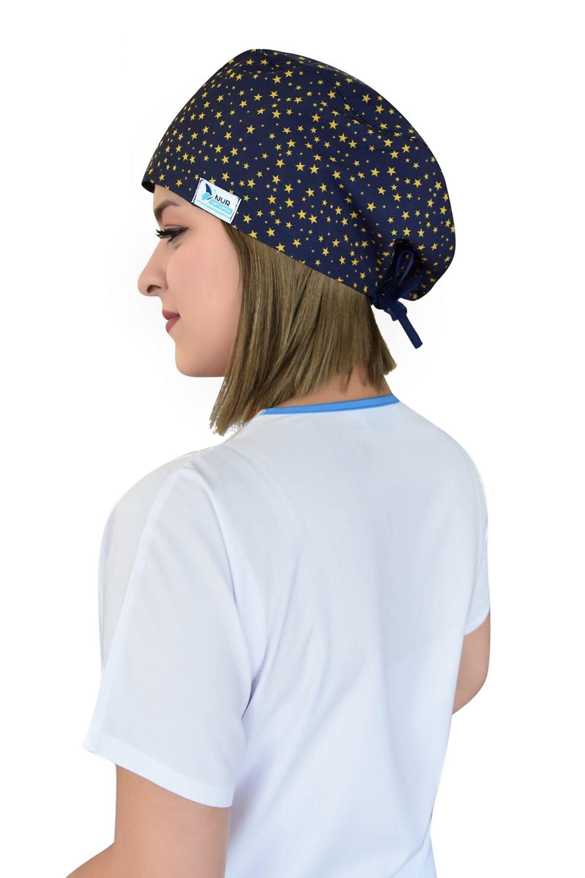 Unisex Lacivert Yıldız Desenli Cerrahi Bone Hemşire Doktor Saç Bonesi-Nur Medikal Giyim