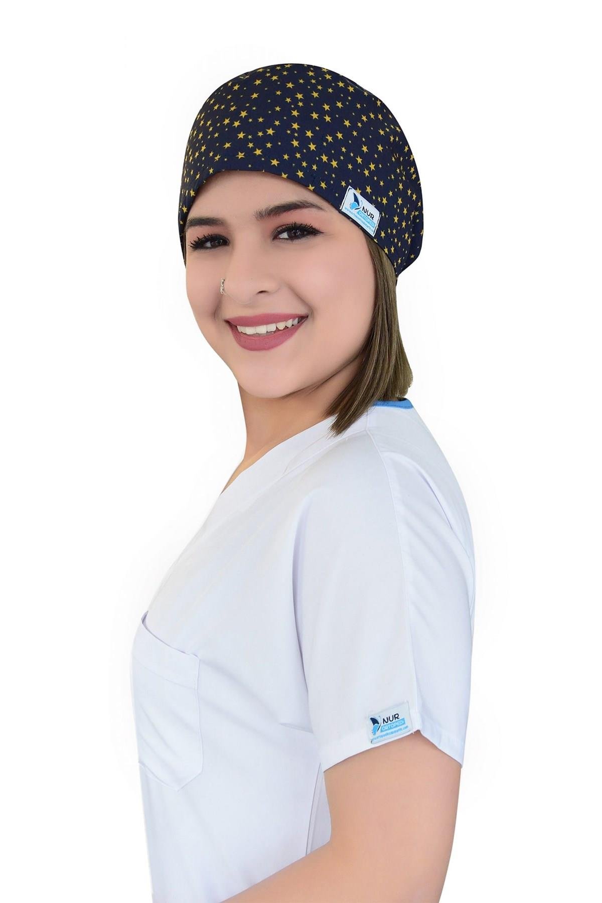 Unisex Lacivert Yıldız Desenli Cerrahi Bone Hemşire Doktor Saç Bonesi-Nur Medikal Giyim