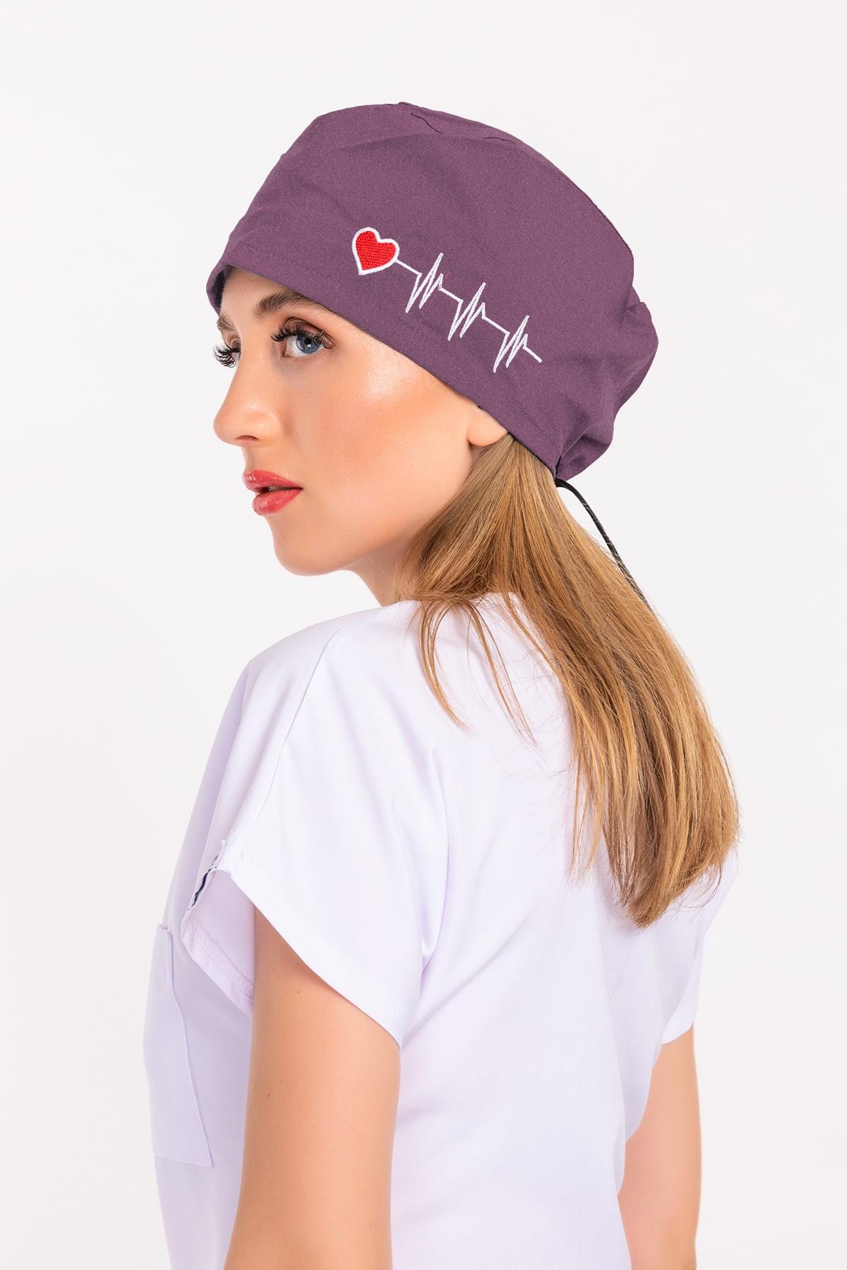 Unisex Leylak Kalp Ritim Nakışlı Doktor Hemşire Hastane Medikal Cerrahi Bonesi-Nur Medikal Giyim