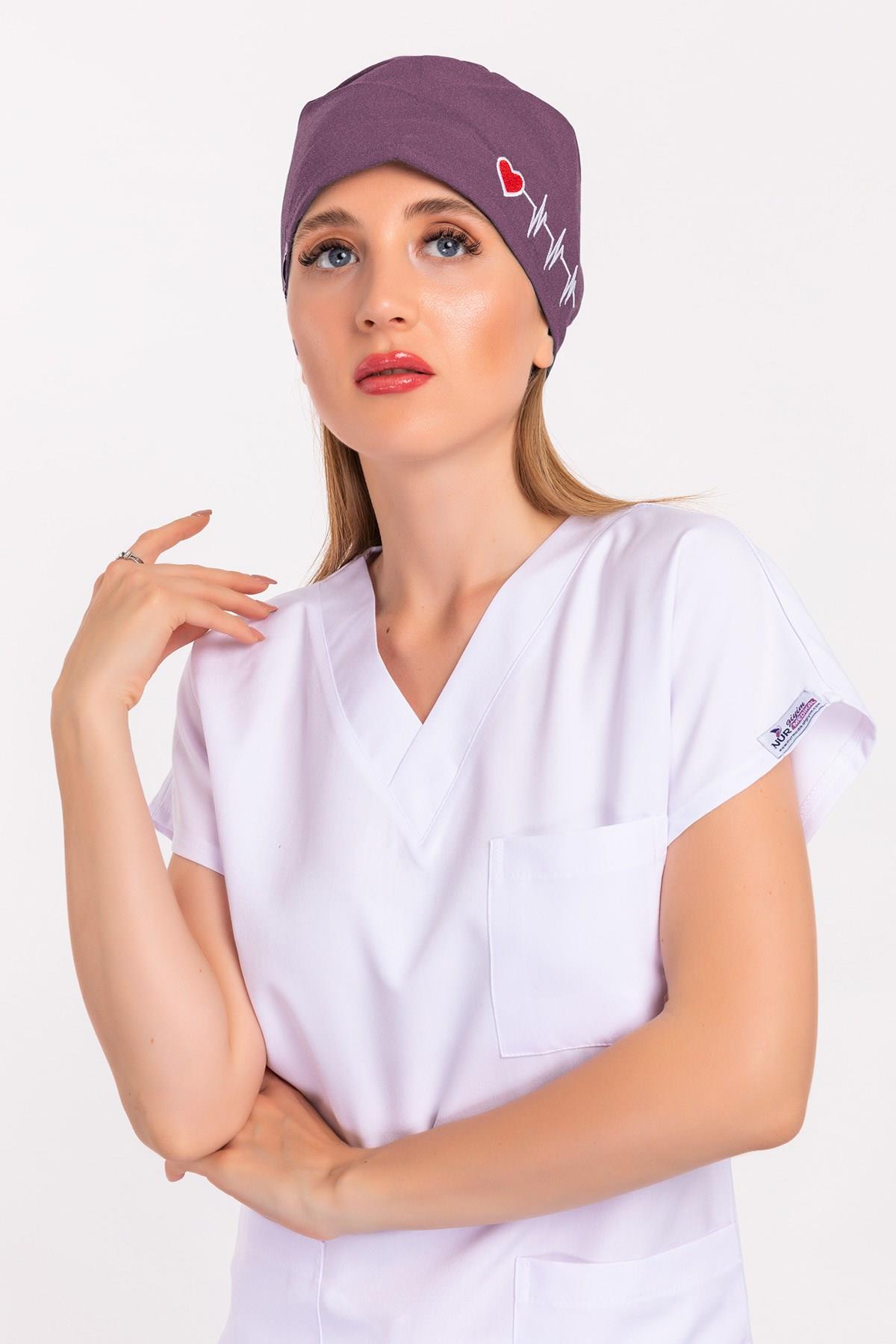 Unisex Leylak Kalp Ritim Nakışlı Doktor Hemşire Hastane Medikal Cerrahi Bonesi-Nur Medikal Giyim