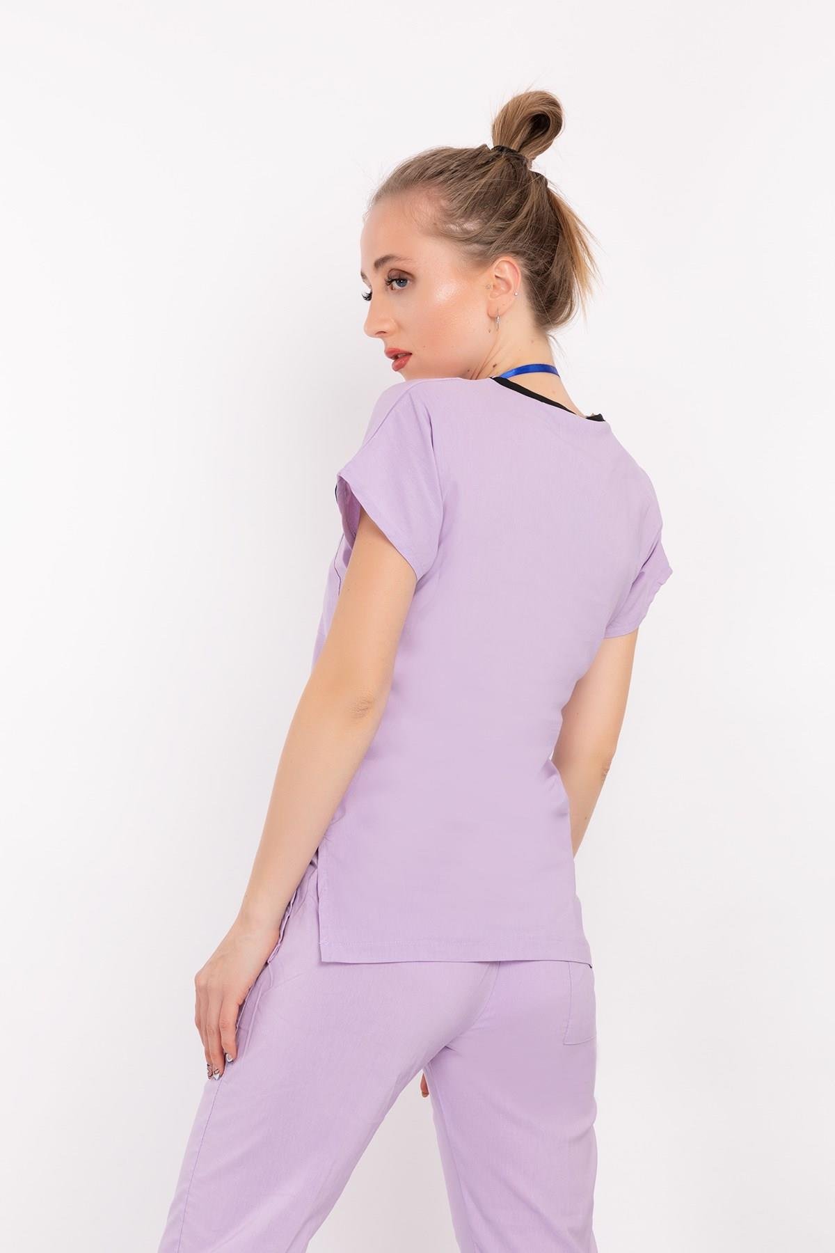 Unisex Lila Terikoton Doktor Hemşire Üniforma Takım Scrubs-Nur Medikal Giyim