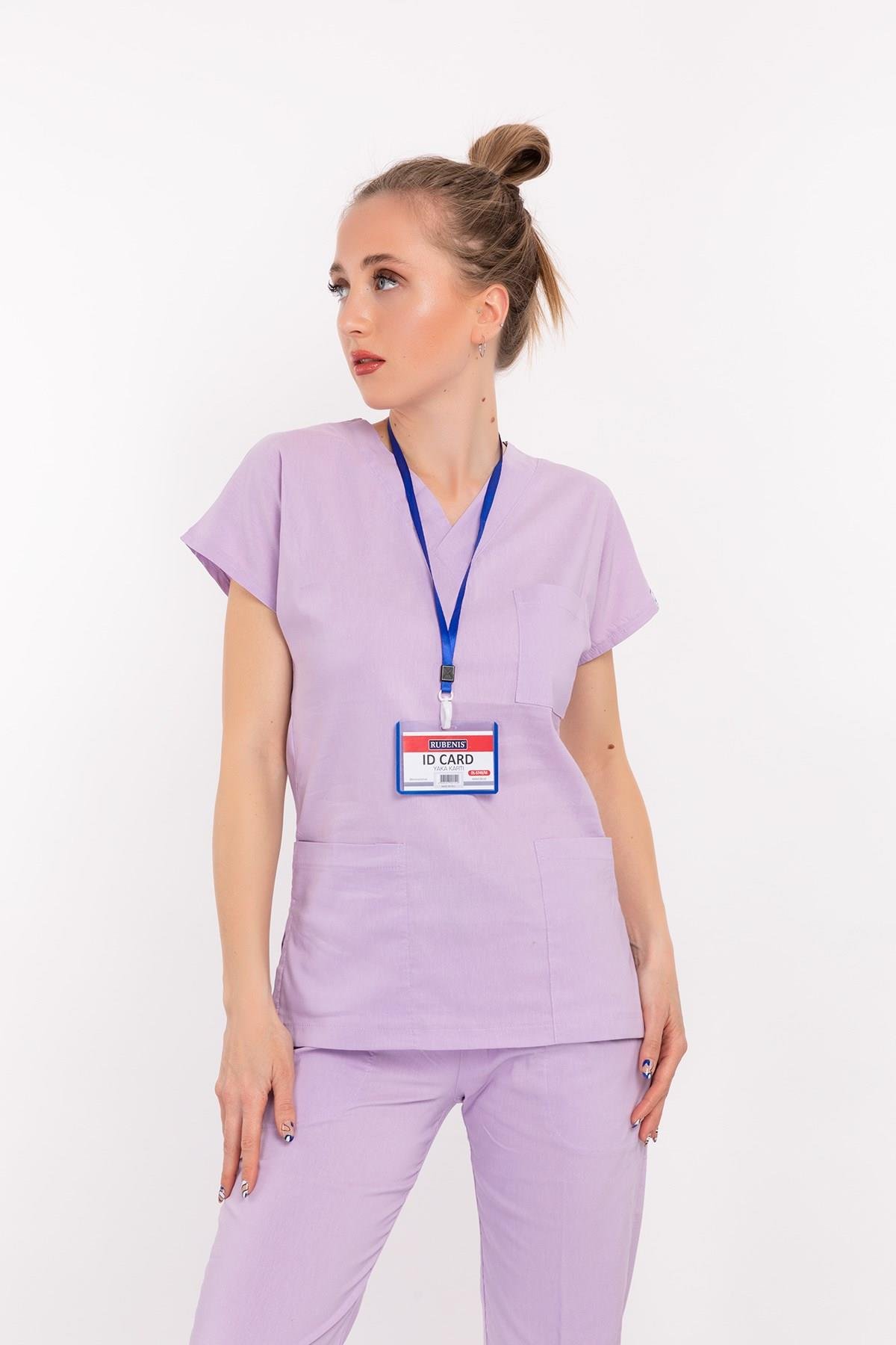 Unisex Lila Terikoton Doktor Hemşire Üniforma Takım Scrubs-Nur Medikal Giyim