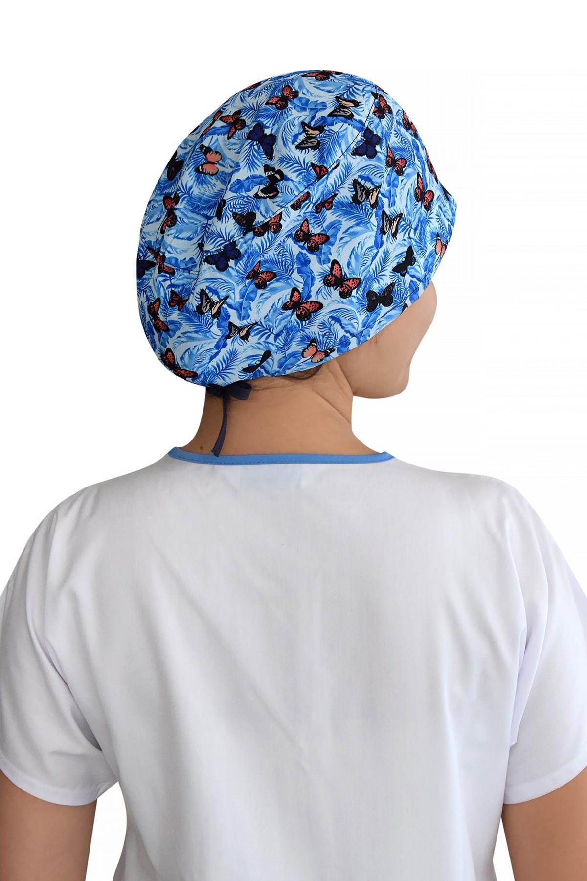 Unisex Mavi Kelebek Desenli Cerrahi Bone Doktor Hemşire Saç Bonesi-Nur Medikal Giyim