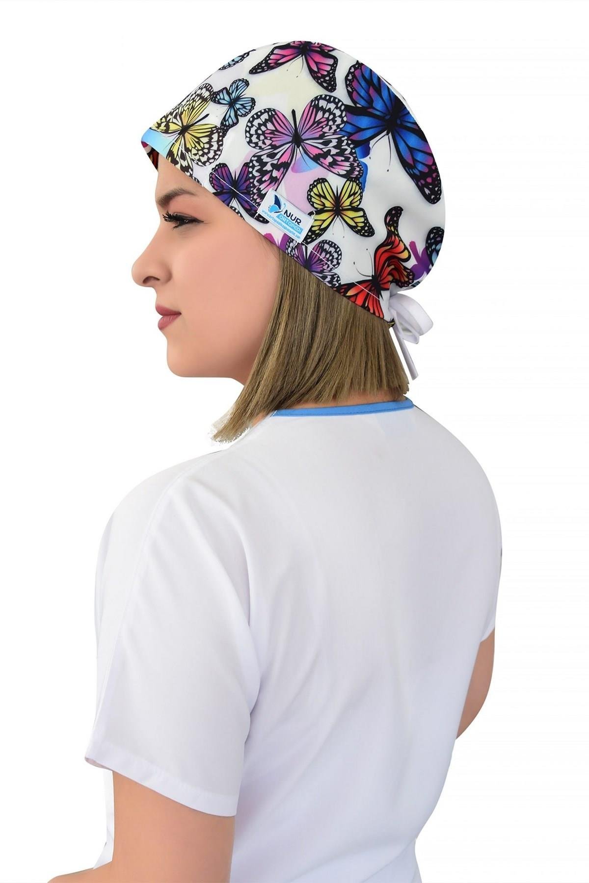 Unisex Mor Kelebek Desenli Cerrahi Bone Hemşire Doktor Saç Bone-Nur Medikal Giyim