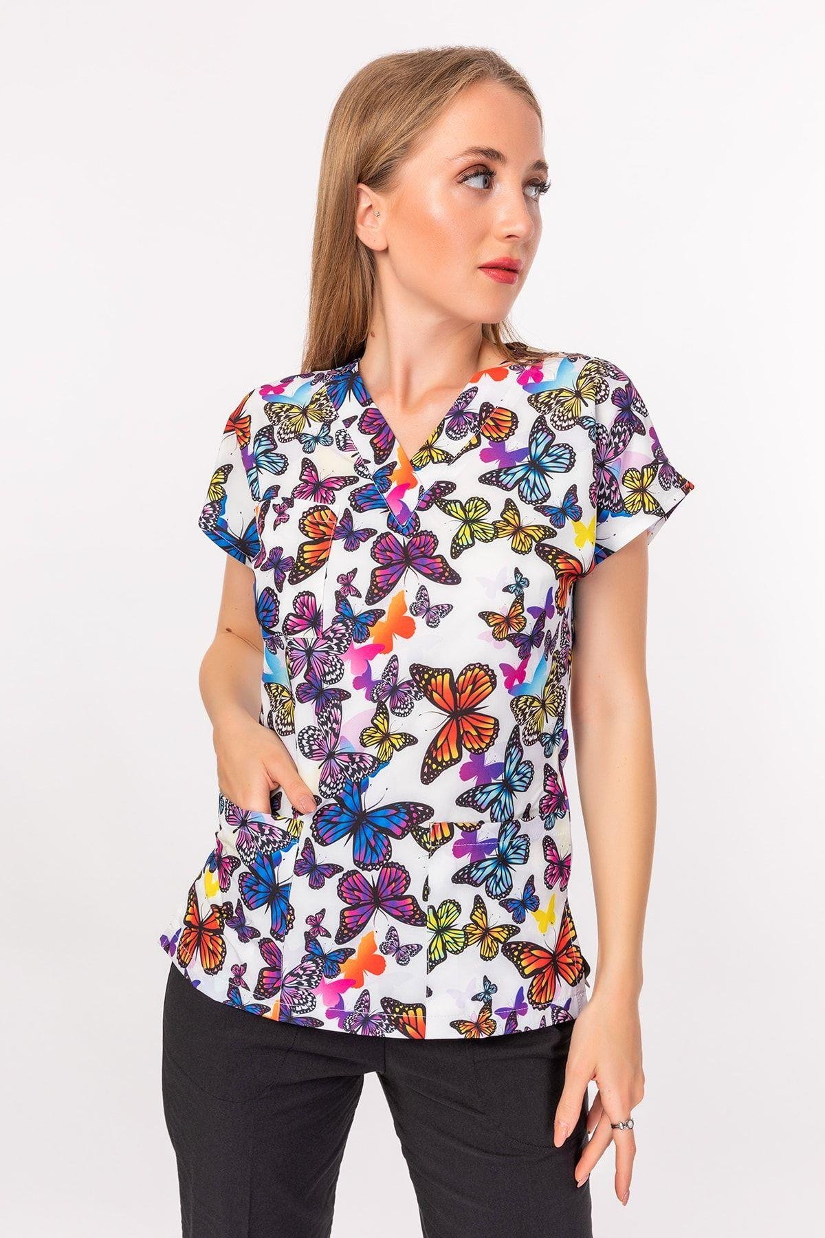 Unisex Mor Kelebekli Tek Üst Forma-Nur Medikal Giyim