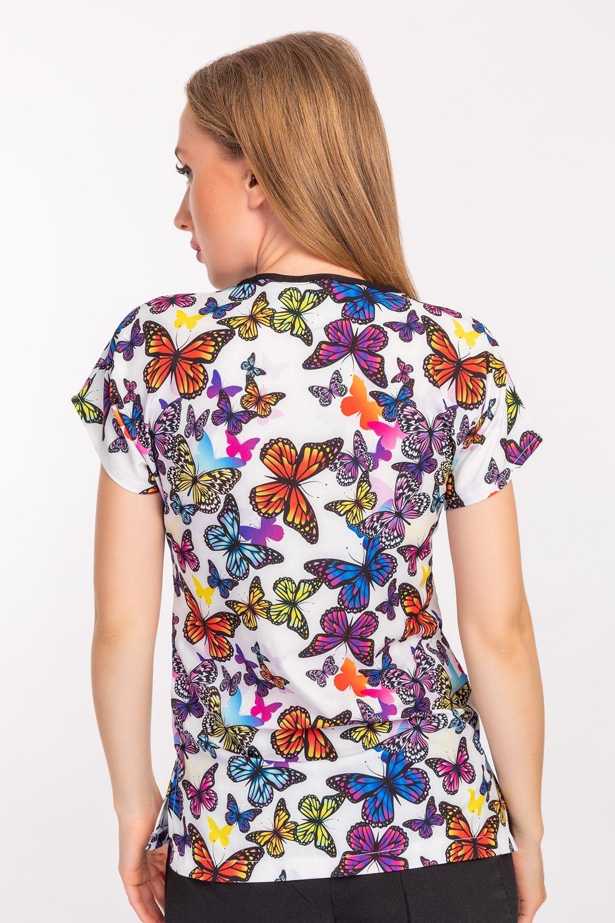 Unisex Mor Kelebekli Tek Üst Forma-Nur Medikal Giyim