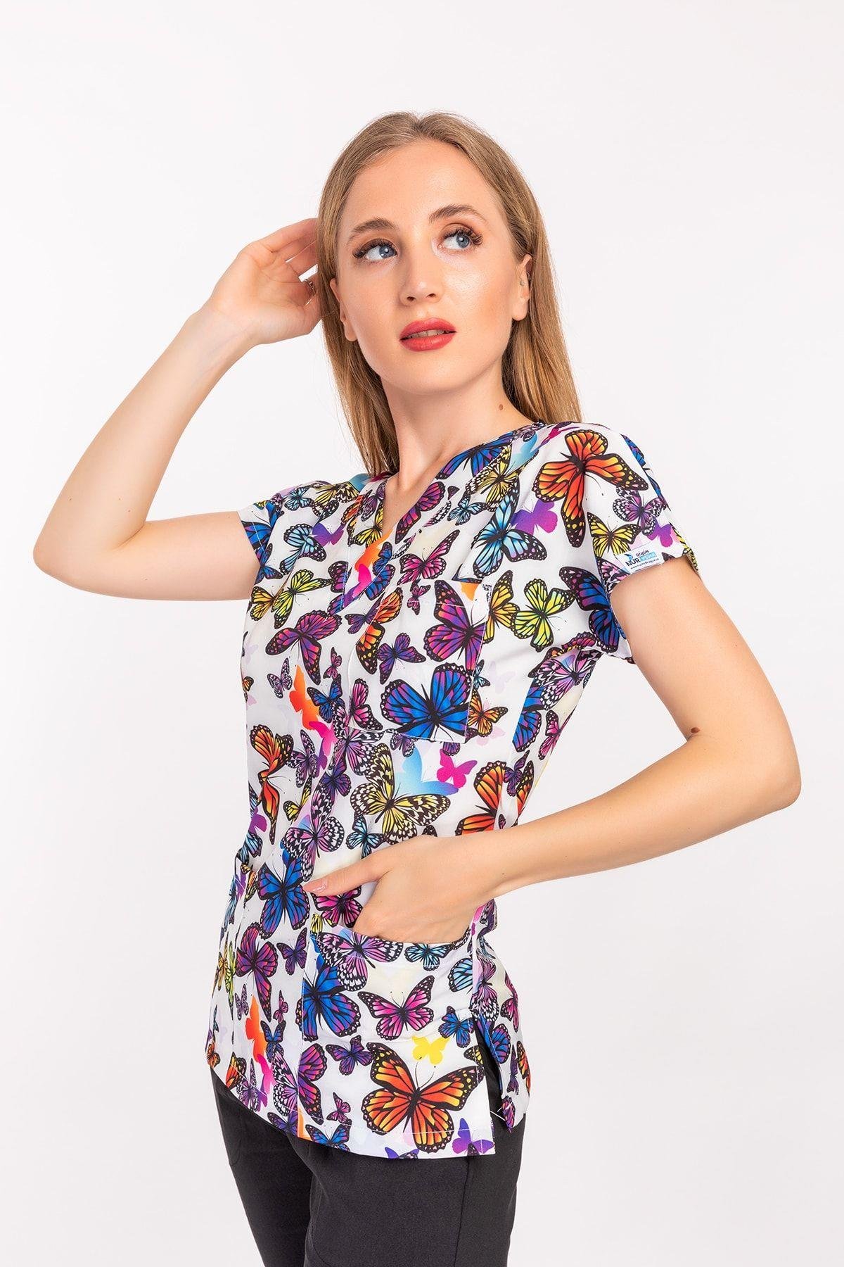 Unisex Mor Kelebekli Tek Üst Forma-Nur Medikal Giyim