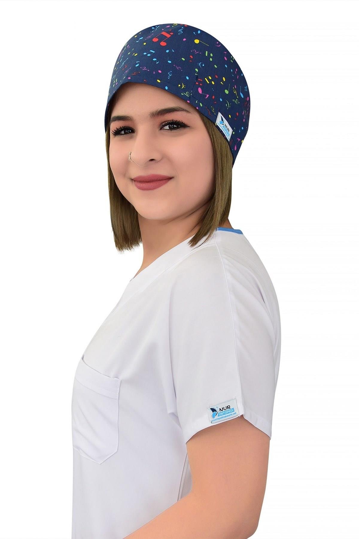 Unisex Müzik Nota Desenli Cerrahi Bone Hemşire Doktor Saç Bonesi-Nur Medikal Giyim