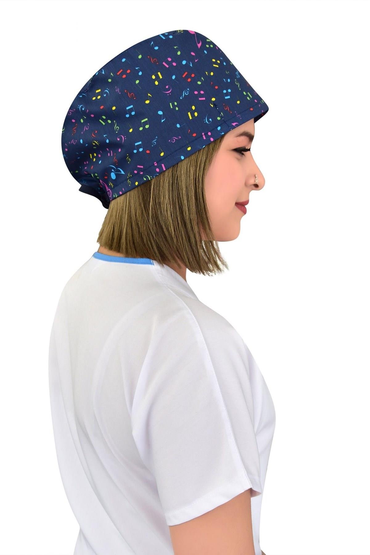 Unisex Müzik Nota Desenli Cerrahi Bone Hemşire Doktor Saç Bonesi-Nur Medikal Giyim