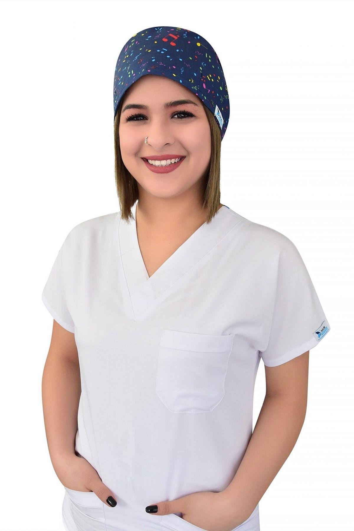 Unisex Müzik Nota Desenli Cerrahi Bone Hemşire Doktor Saç Bonesi-Nur Medikal Giyim