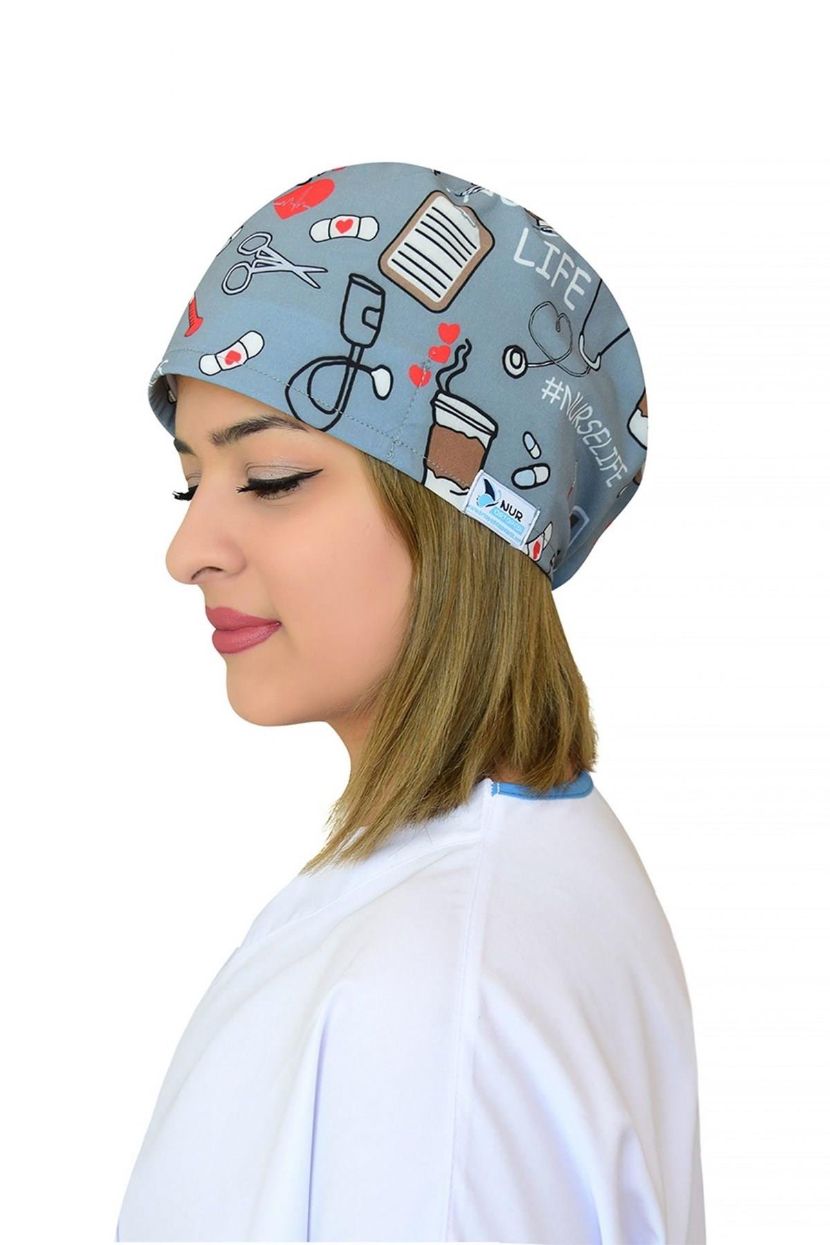 Unisex Nurse Life Desenli Cerrahi Bone Doktor Hemşire Saç Bone-Nur Medikal Giyim