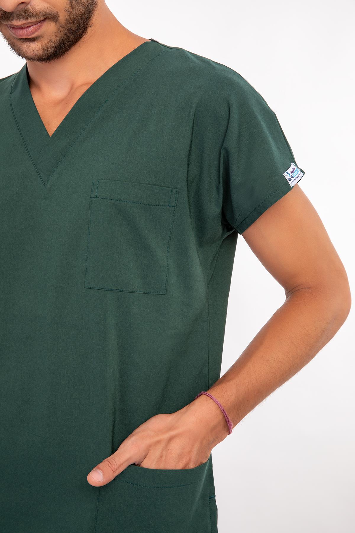 Unisex Ördek Başı Yeşili Likralı Hemşire Doktor Üniforma Takımı-Nur Medikal Giyim