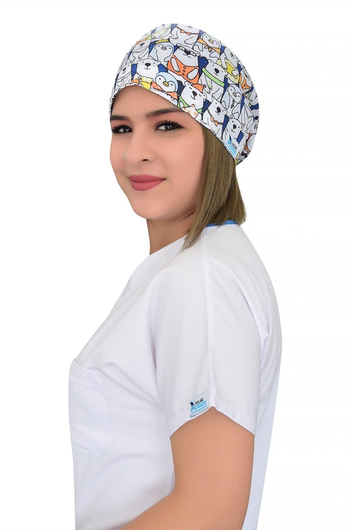 Unisex Panda Ayı Kardeşler Desenli Cerrahi Bone Doktor Saç Bone-Nur Medikal Giyim